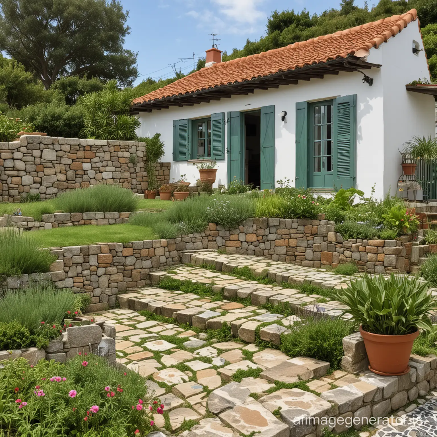 a terraced herb garden near a small Azorean stone sea cottage with a terra cottage tile roof