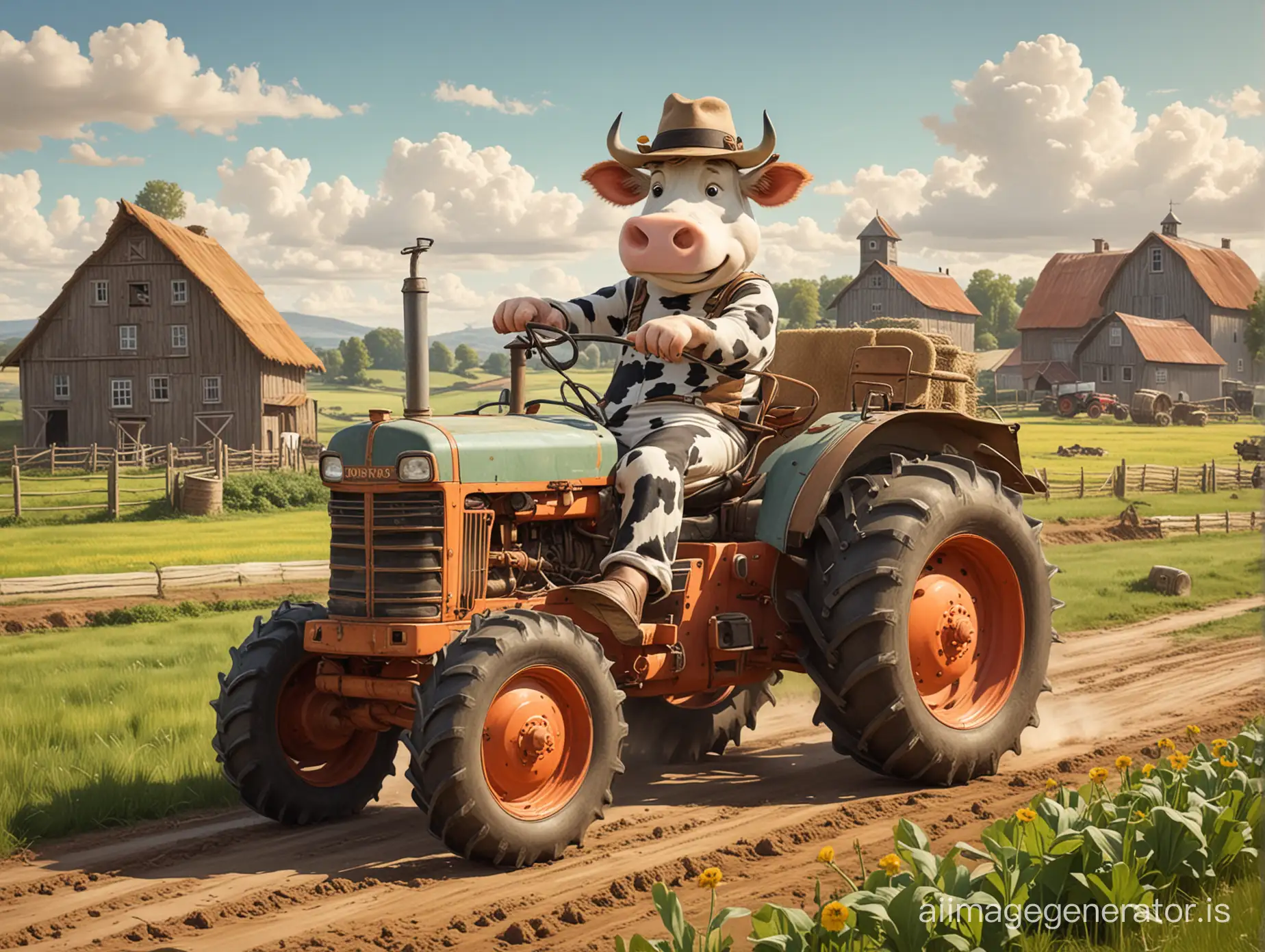 Cartoon Cow Driving Tractor on Farmland | AI Image Generator