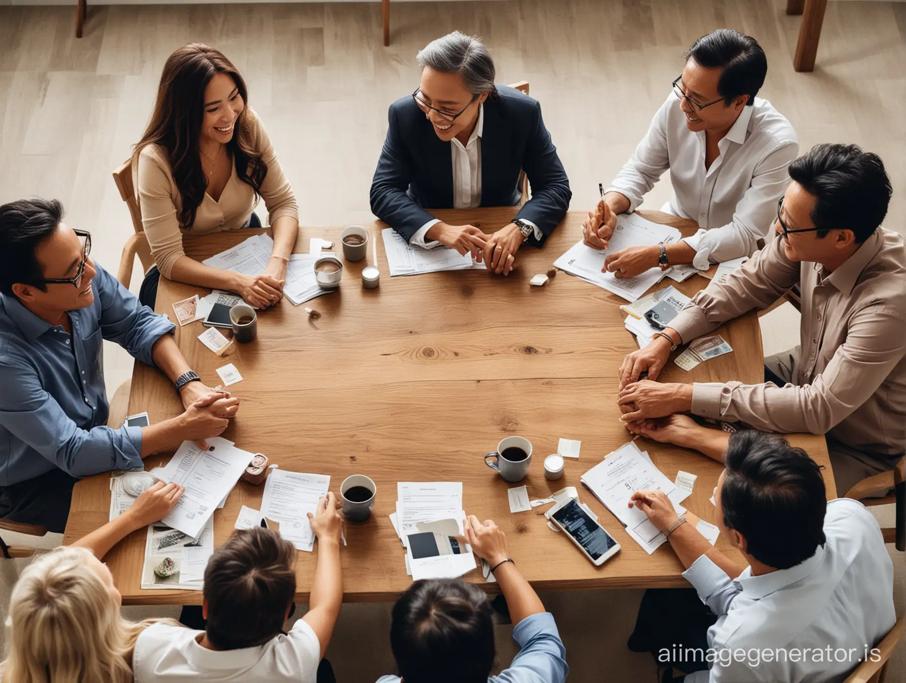 An image of a diverse group of people of different generations and races, engaged in a meaningful conversation around a table, symbolizing the importance of financial wisdom, long-term planning, and generational wealth. The photo captures a moment of shared knowledge and financial empowerment, echoing the insightful words of Robert Kiyosaki."
