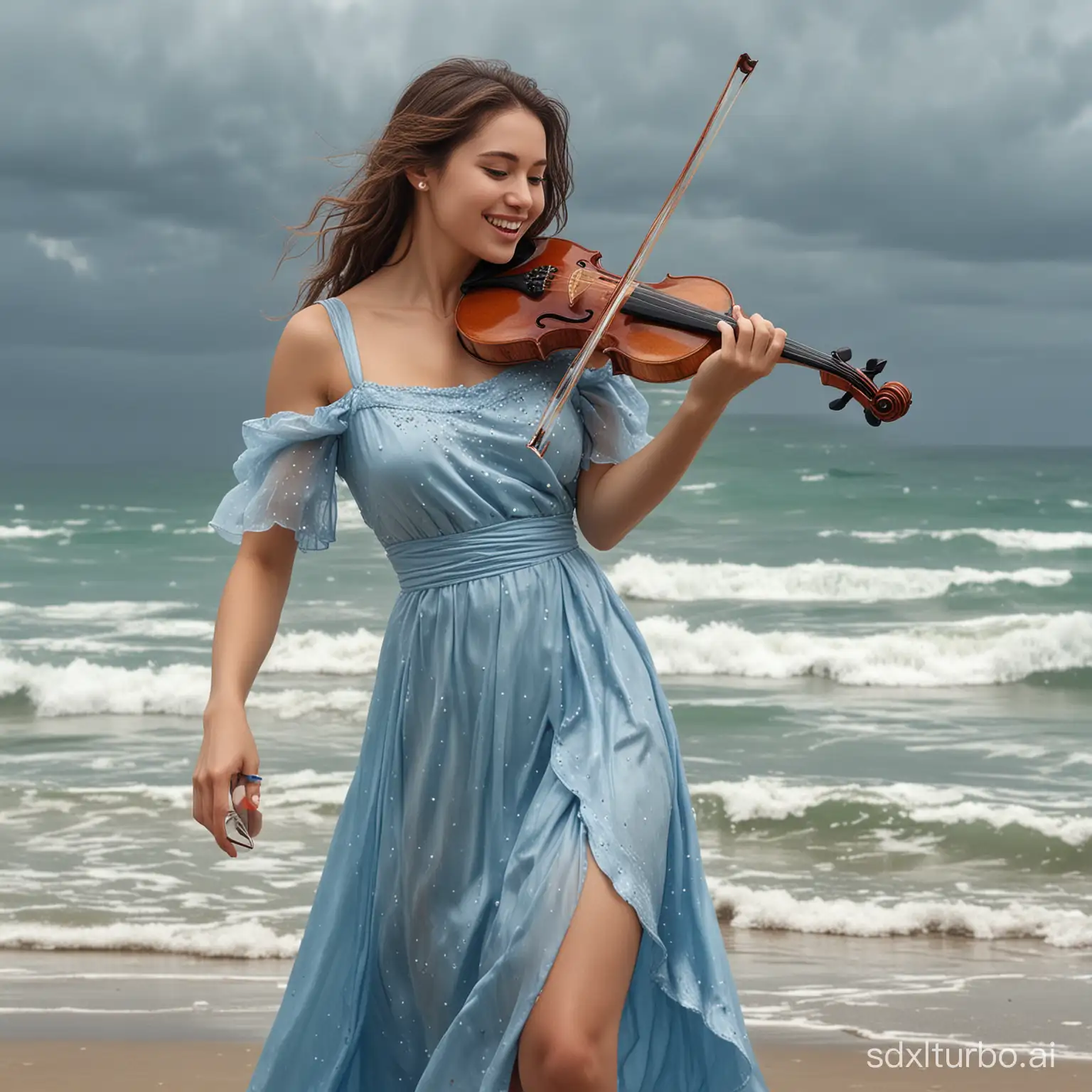 Elegant-Woman-Playing-Violin-on-Beach-in-Shimmery-Blue-Dress