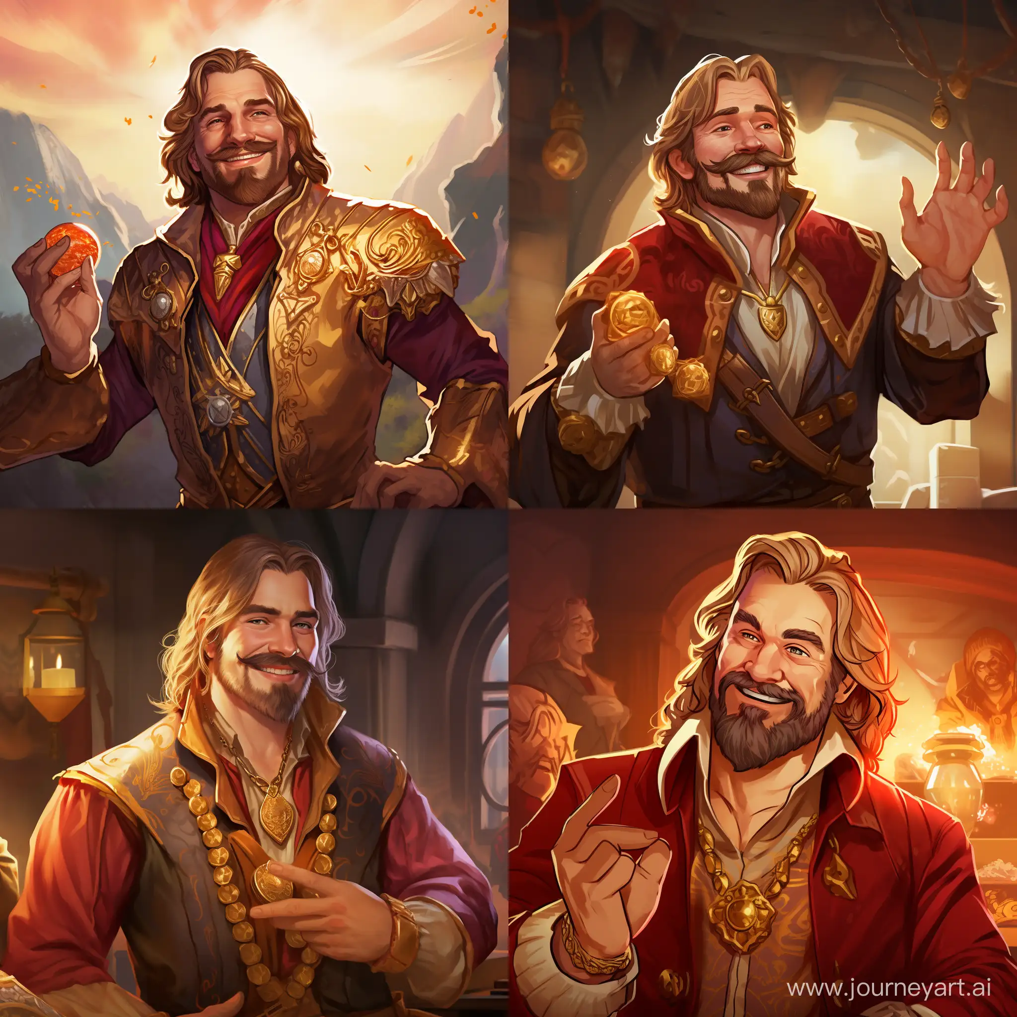 Draw me a concept art of a Viking trader who has long blond hair and a long beard with a mustache. 
He is 35 years old and looks young. He holds a ruby in his hands. Almost every finger has a ring with a precious stone. He is dressed in expensive clothes and wears gold rings with stones. Smiling. In the background, people reach out to him with their hands as if to God