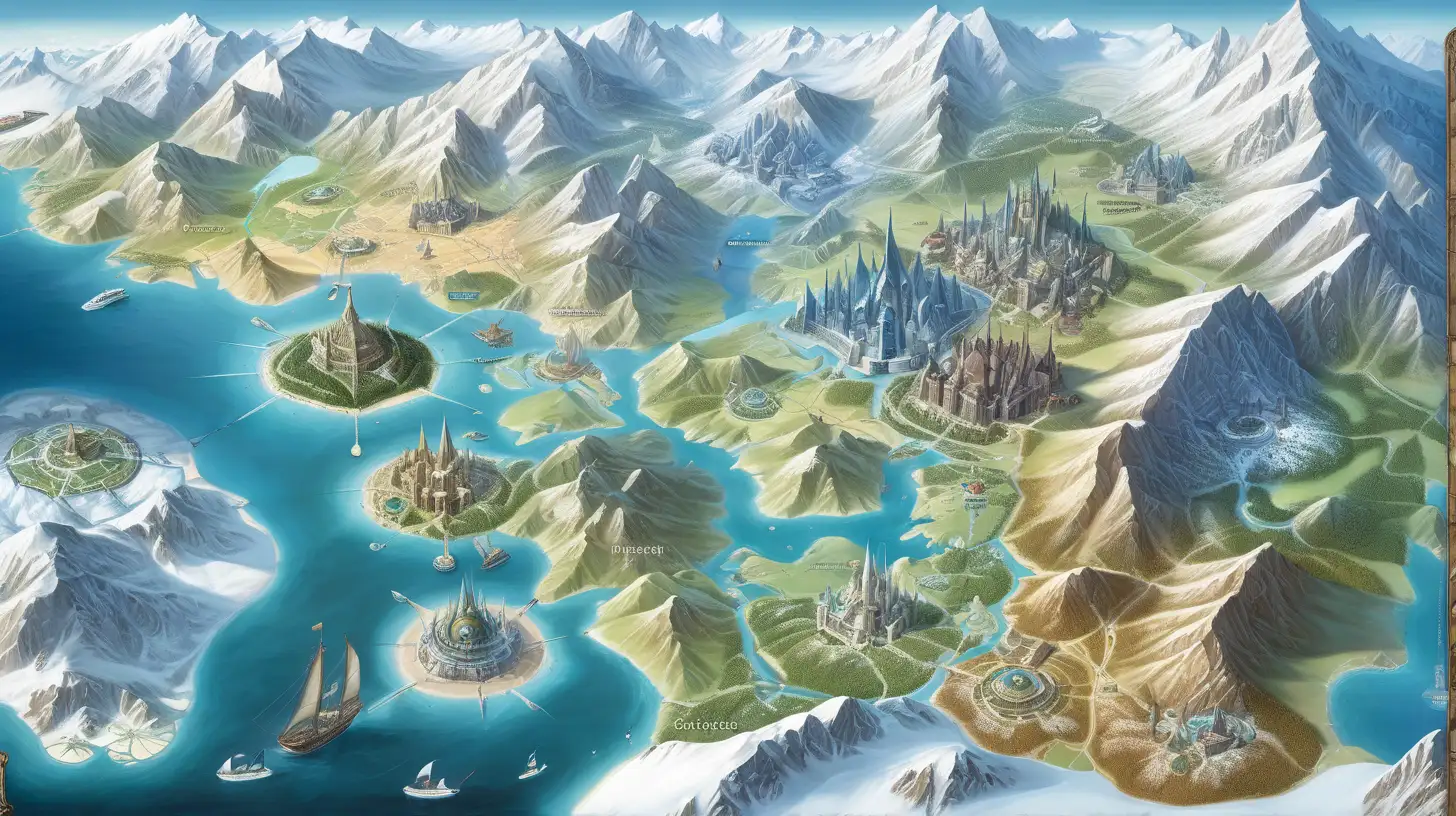  Fantasy map, vibrant color, 5 main map regions, include one large city in the snow mountains in north, include one large city in the barren wastes in west, include one large city in the dense forests in east, ocean in the south with fjords, include on large city in a large desert, include one large seaside city, include one large city in the ocean, create different building styles for each city