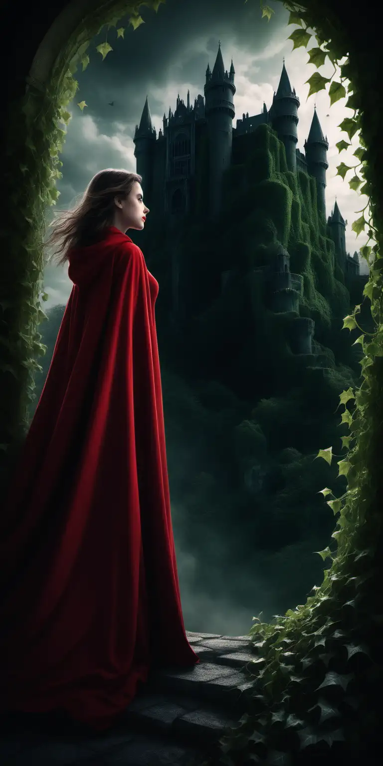 Mysterious Girl in Red Dress and Cloak Gazing at Enchanted Castle