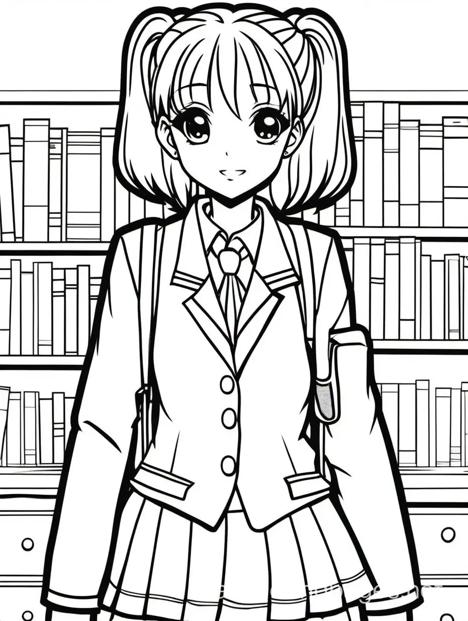 Black girl anime style in school uniform , Coloring Page, black and white, line art, white background, Simplicity, Ample White Space. The background of the coloring page is plain white to make it easy for young children to color within the lines. The outlines of all the subjects are easy to distinguish, making it simple for kids to color without too much difficulty