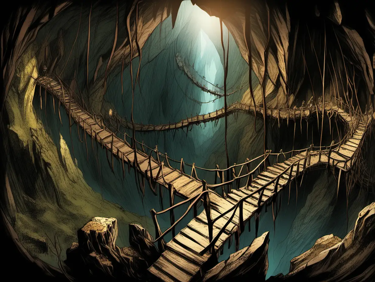 An image of the goblin caverns from the hobbit movie, full of wooden hanging bridges, the vew from the top of the caverns, in a D&D style 