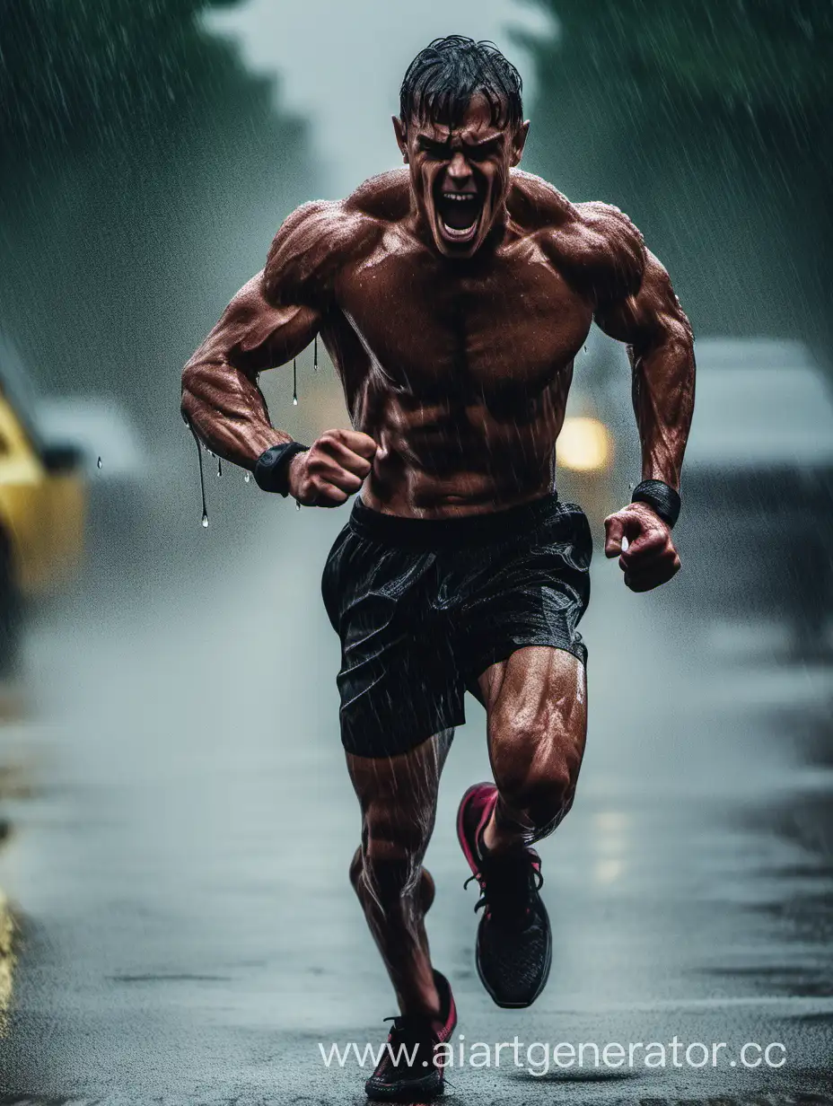 Брутальный мужик, накачанный под дождем бежит, вид близко без лица