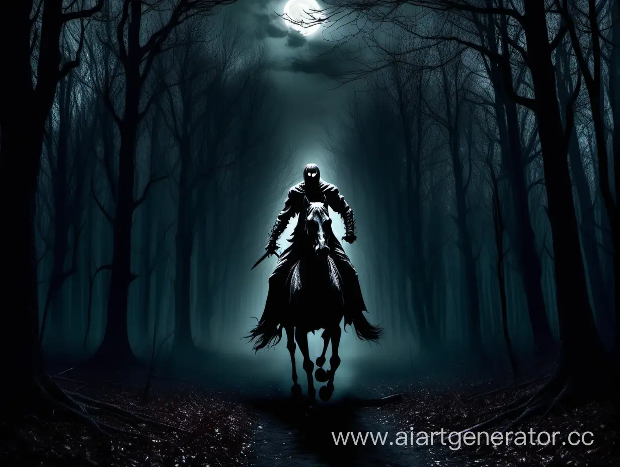 Headless-Horseman-Riding-Swiftly-Through-Dark-Gloomy-Forest-at-Night