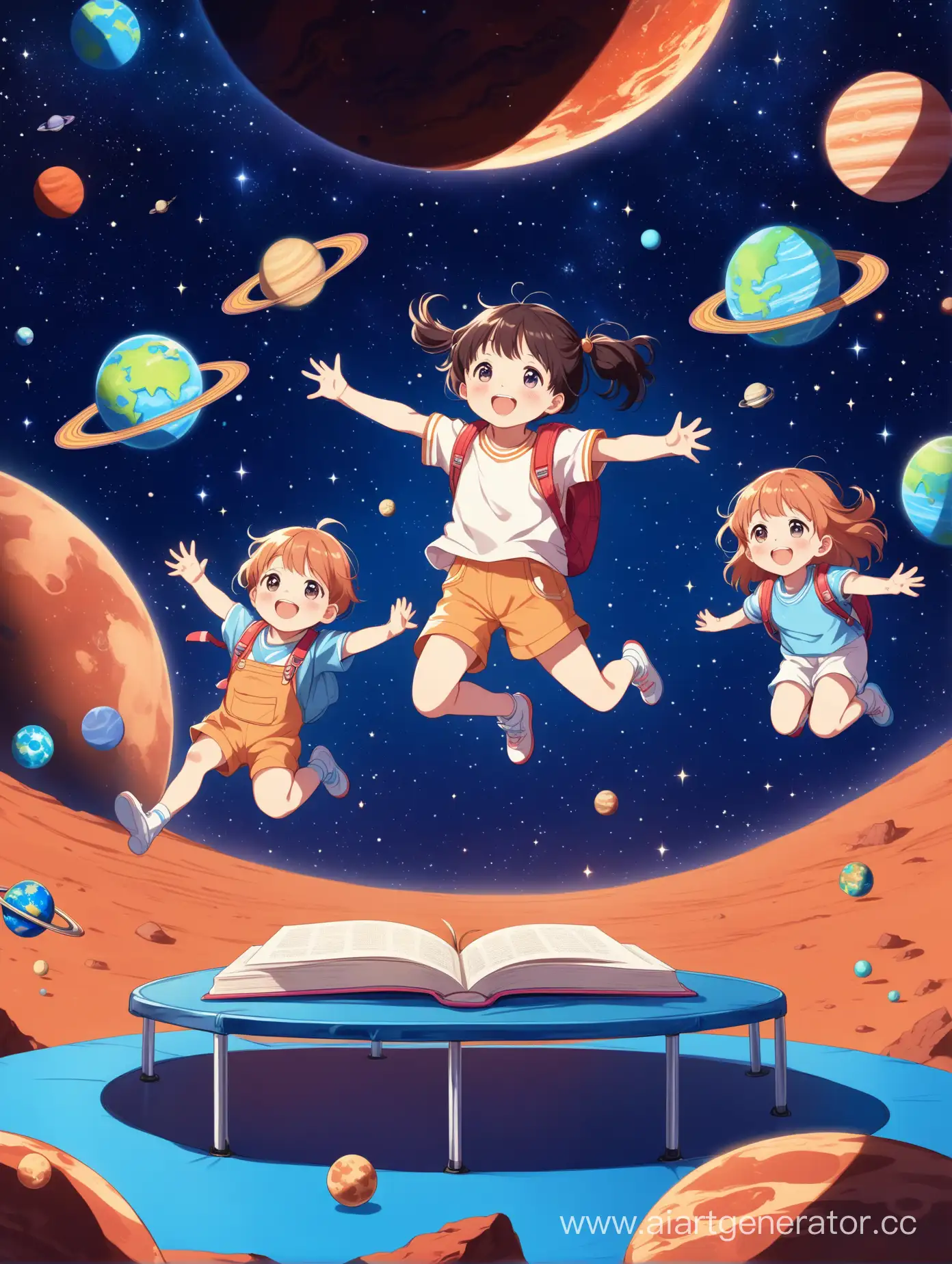 Радостные дети прыгают на батутах, локация планета Марс, звёздное небо с яркими планетами, вокруг каждого ребёнка кружатся учебники, хорошее освещение, 8К.