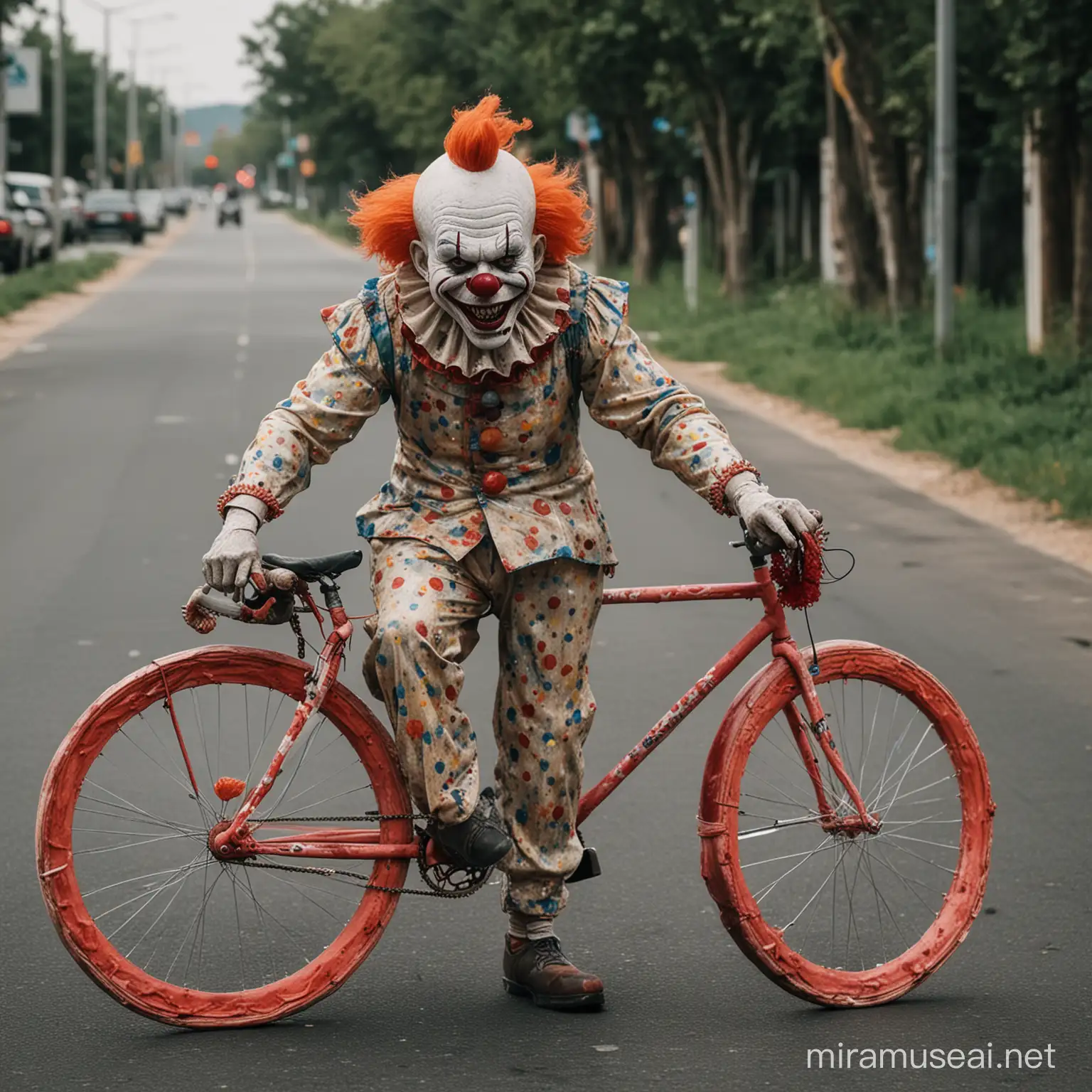 Bicycle made of susage with Bad clown from IT movie riding on it.