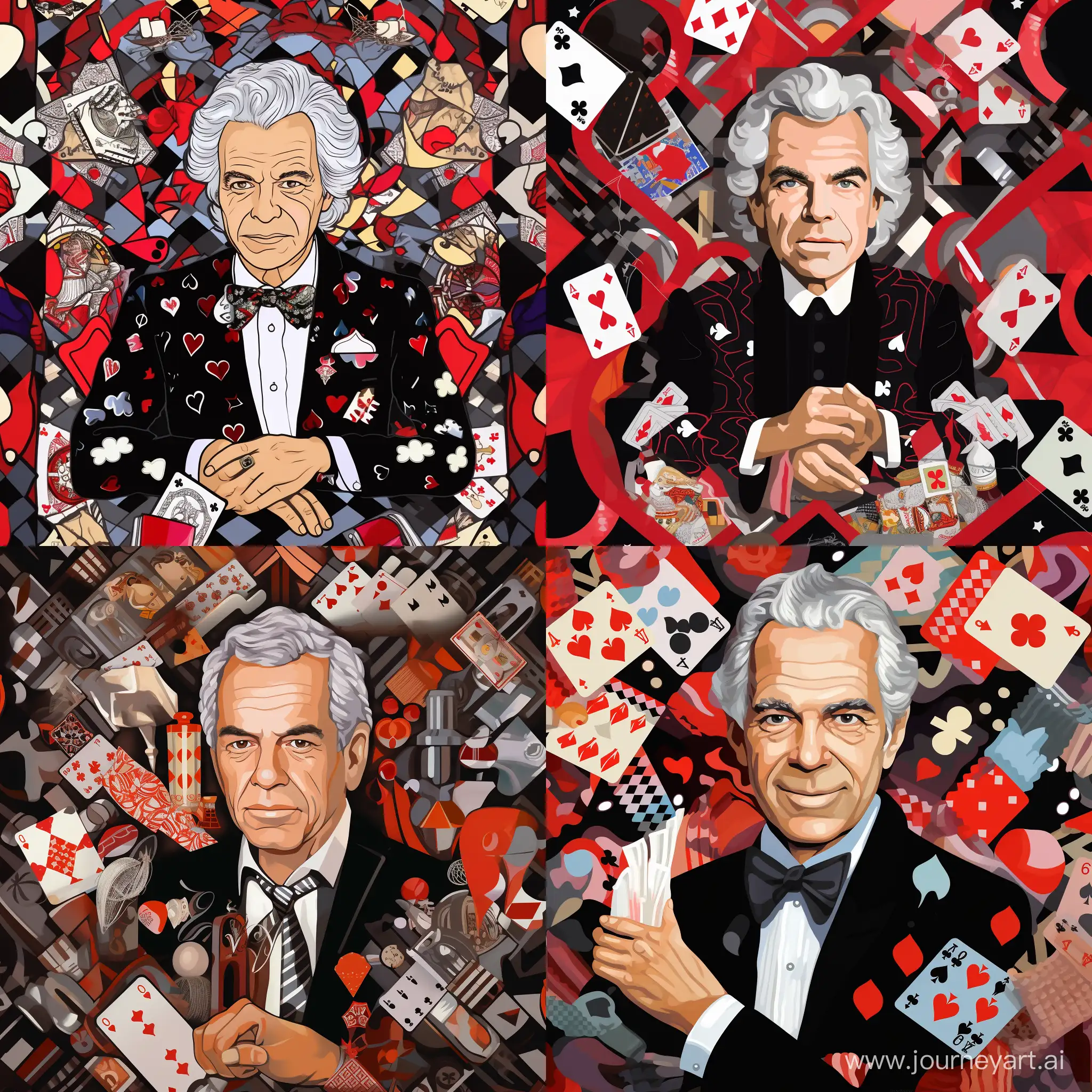 Portrait of Ralph Lauren, with accessories from Ralph Lauren, with a small crown on his head, many details, complex, against the background of a pattern of diamonds, hearts, clubs, spades. colors black, white, red, gray, cartoon style, pop art style, fashion illustration style