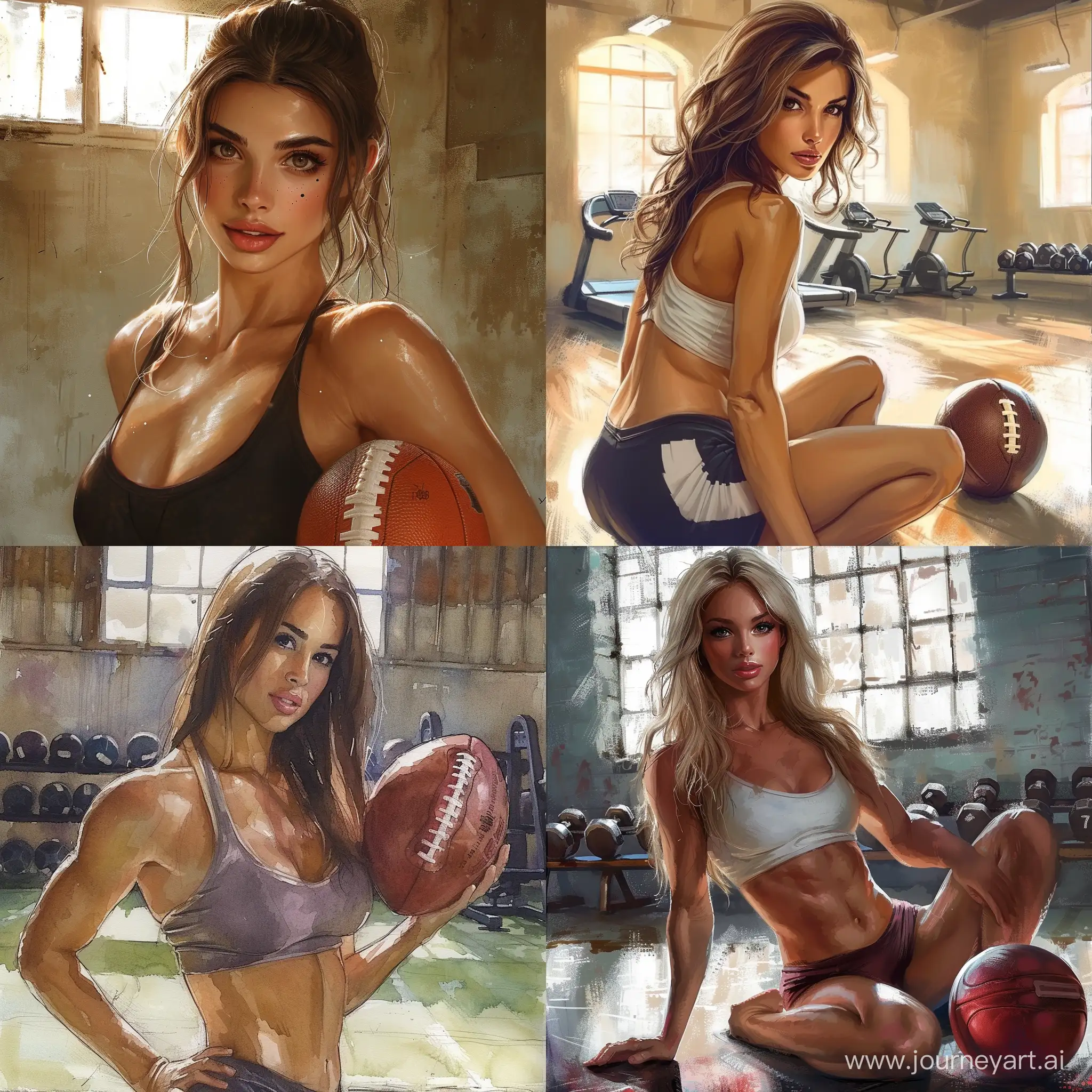 draw an image that contains: football, beautiful women, gym, art