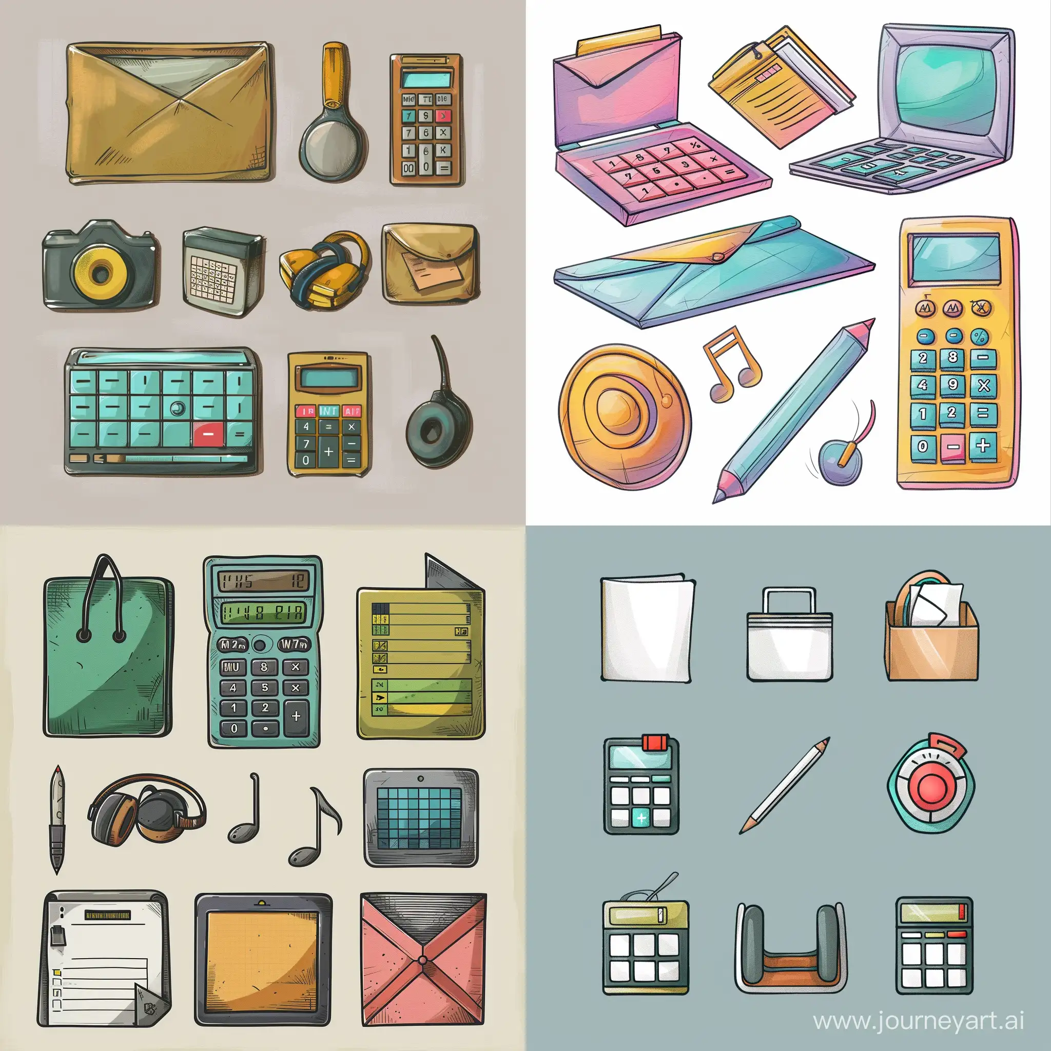 Draw folder, music player, calculator, notepad icons in Borderland-like style