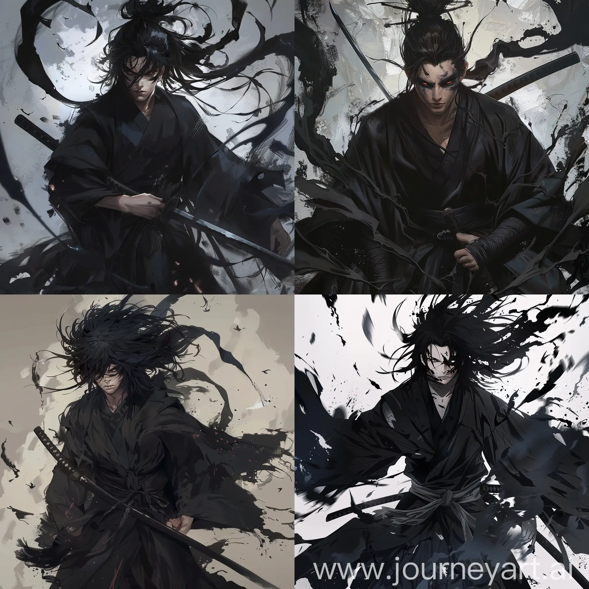 Black haired male, full body, black kimono, black katana, vagabond manga style, surrounded by shadows, anger and sadness, oni mask, shadows leaking from he blade, death stare, oni, vengeance