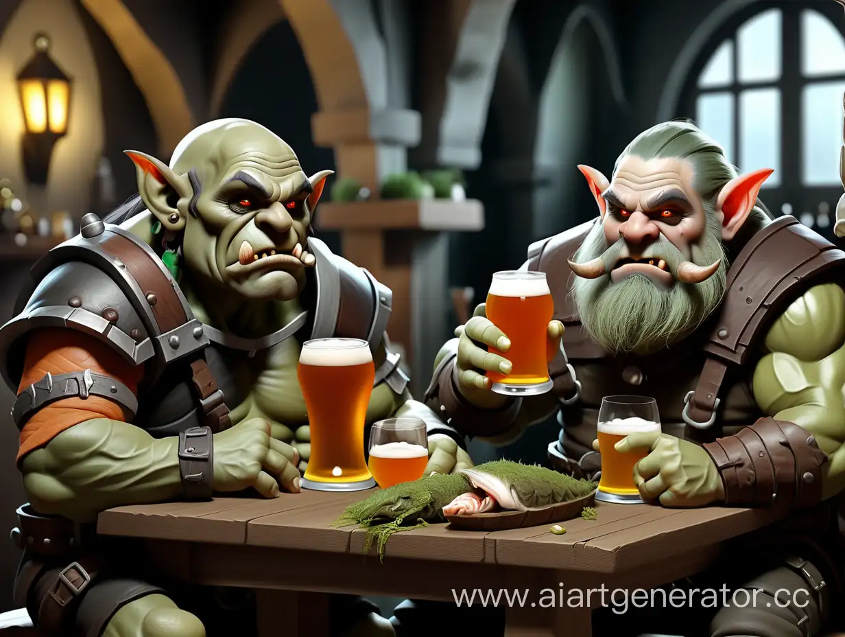 орк эльф и гном сидят за столом и пьют пиво с рыбой