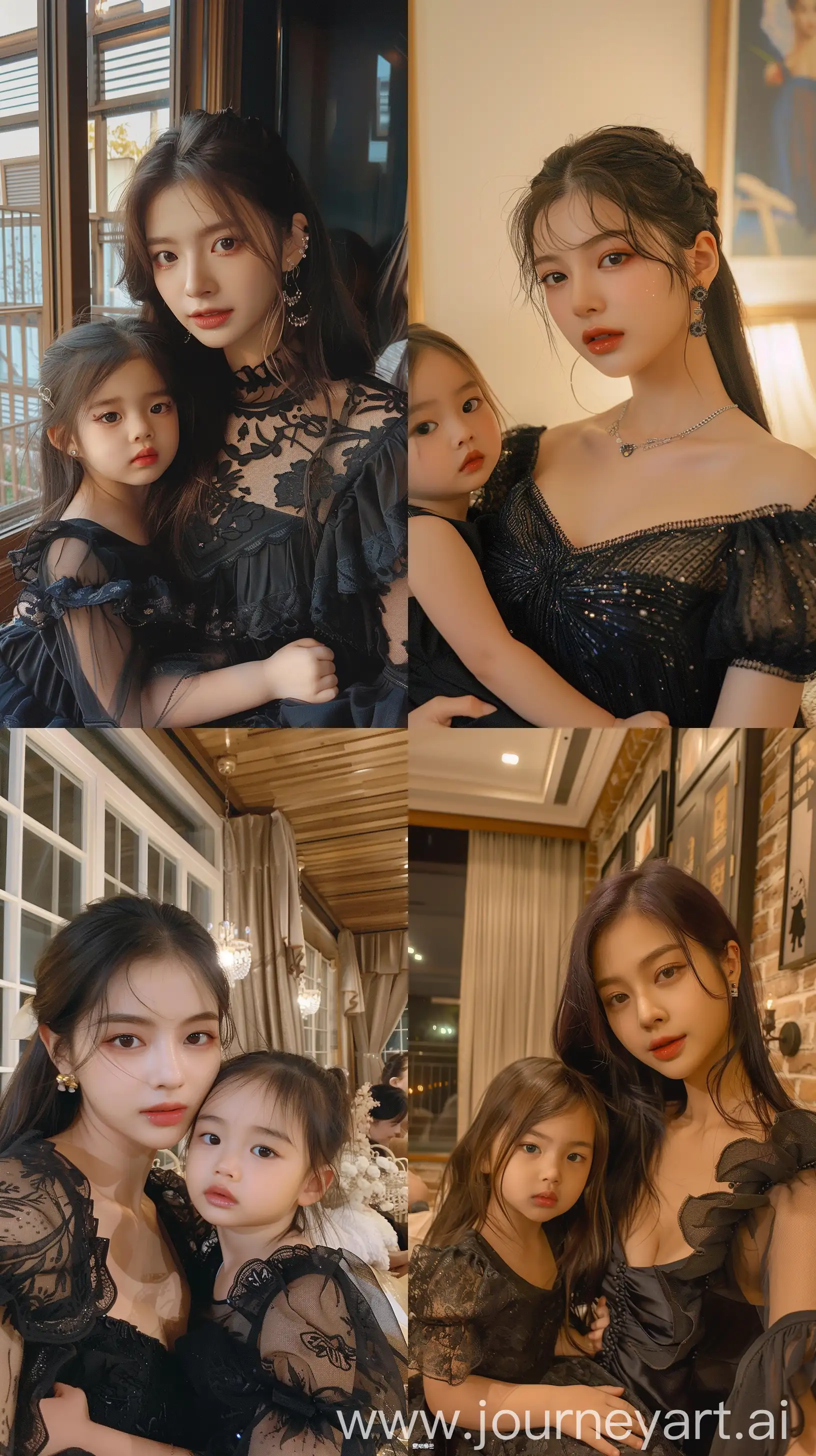 blackpink's jennie,holding 2 years old girl, facial feature look a like blackpink's jennie, aestethic selfie, night times, aestethic make up, wearing black elegant dress --ar 9:16 --stylize 250