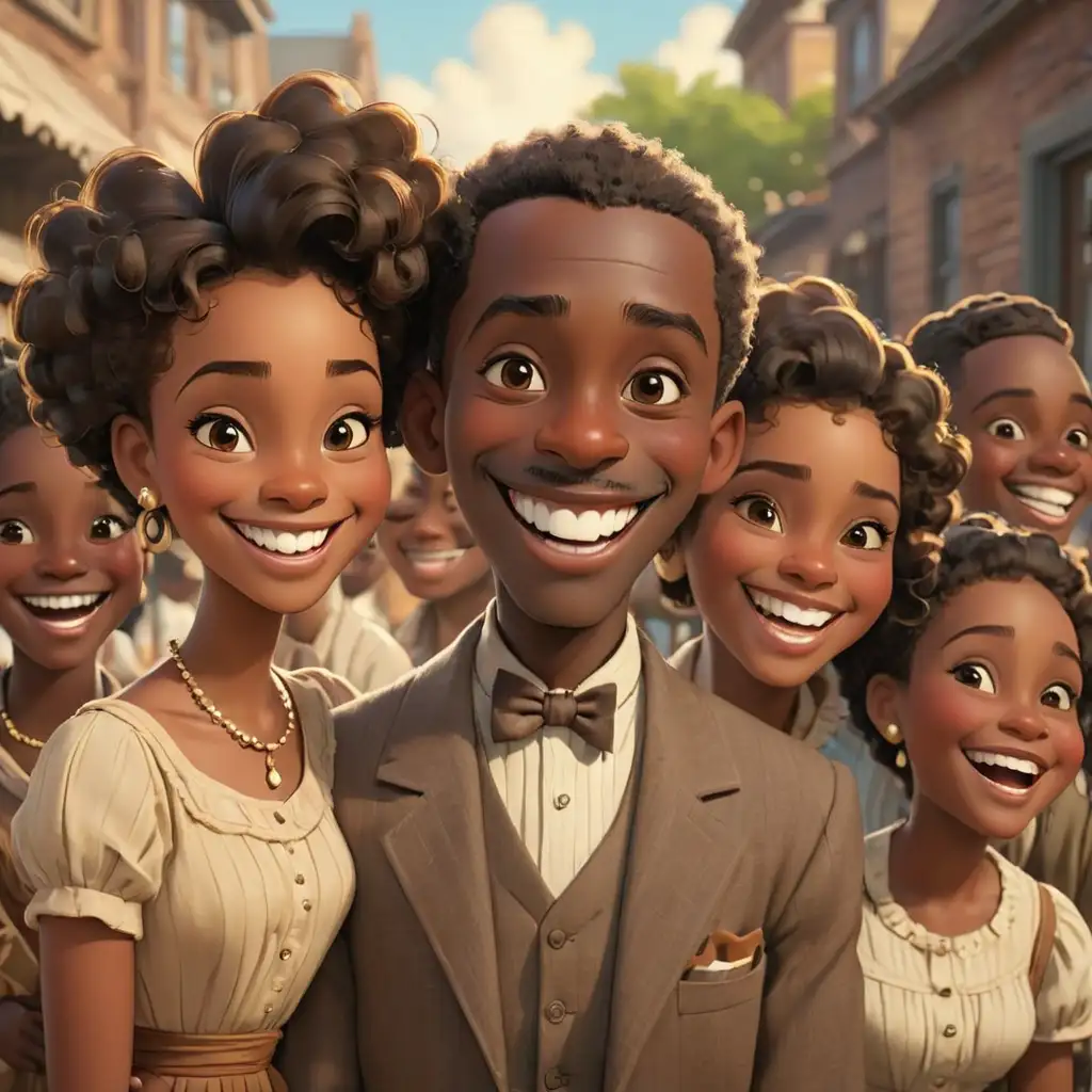 Cartoon style 1900s African Americans smiling
