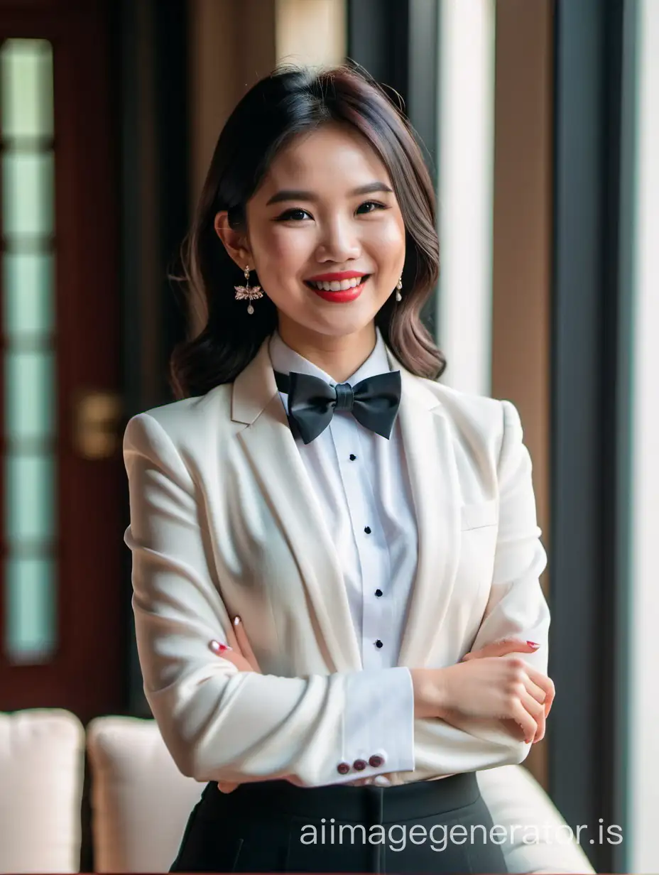 cute and sophisticated and confident Vietnamese woman with black shoulder length hair and  red lipstick wearing a tuxedo with a black bow tie, (black pants) cufflinks, crossing her arms, laughing and smiling
