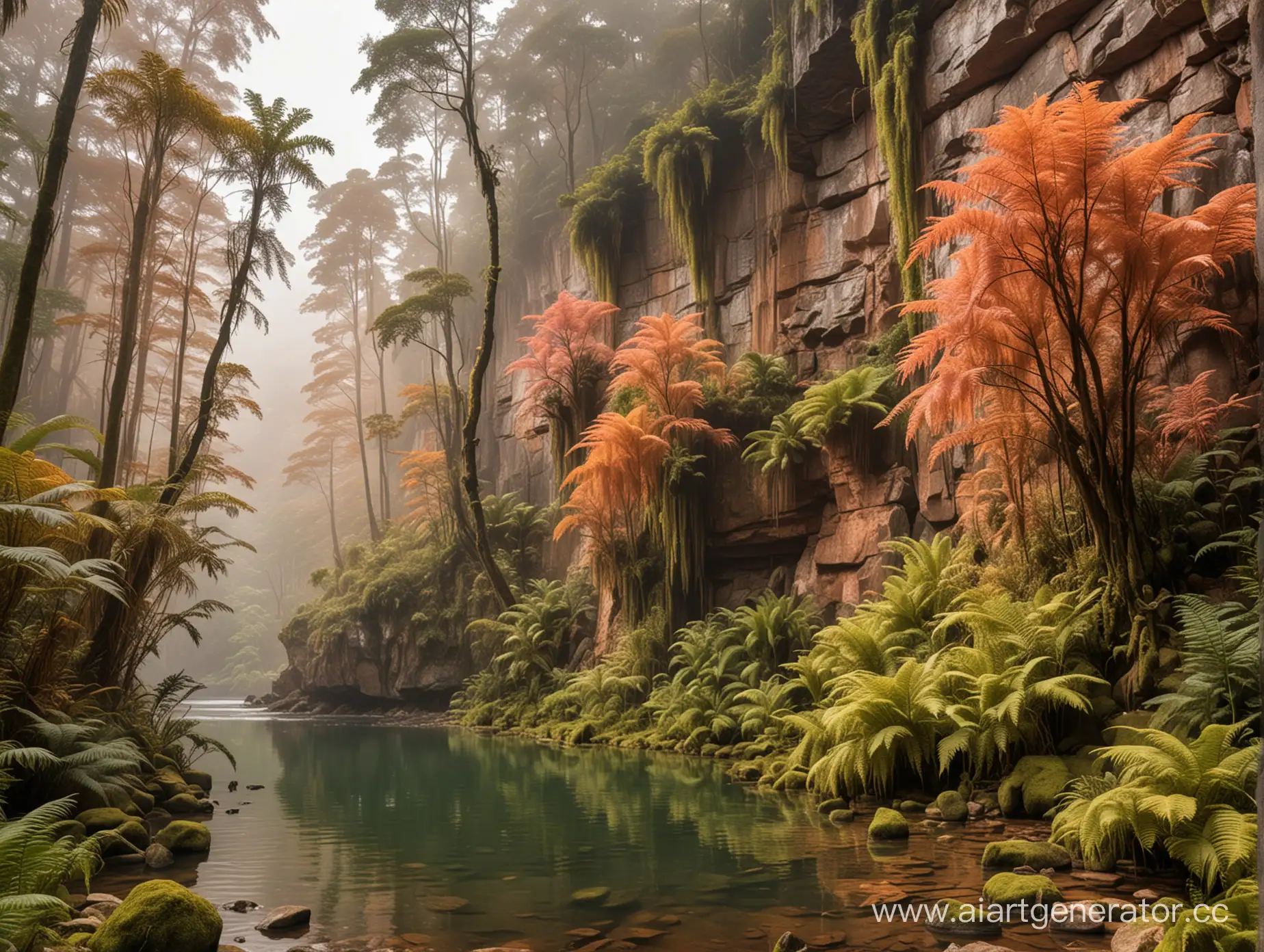 Majestic-Fern-Trees-on-Mossy-Cliffs-by-the-Golden-Lake