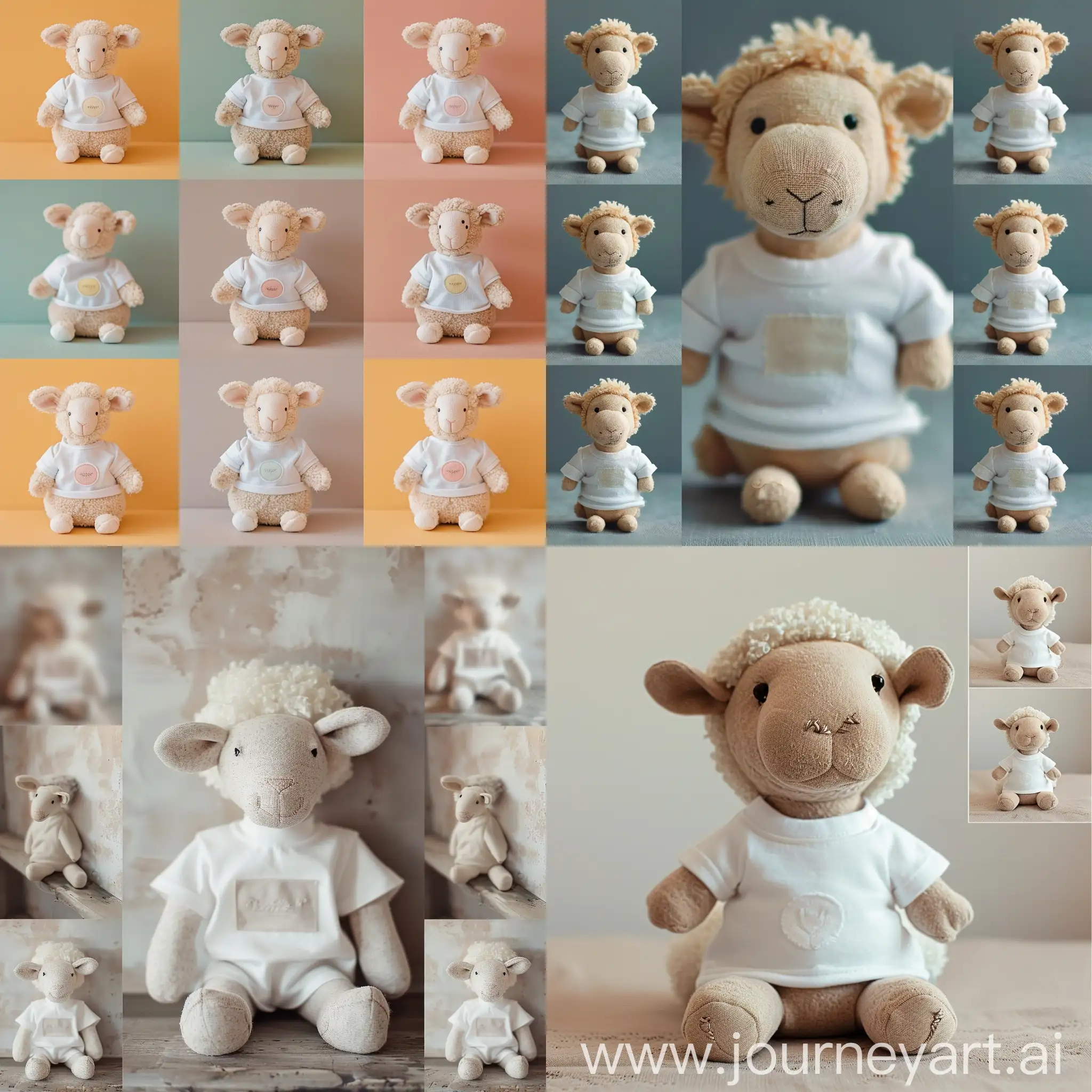 hight quality, super detail, cute stuffed sheep in white t-shirt,Beautiful, gentle, poetic lighting, gentle pastel background,many different perspectives