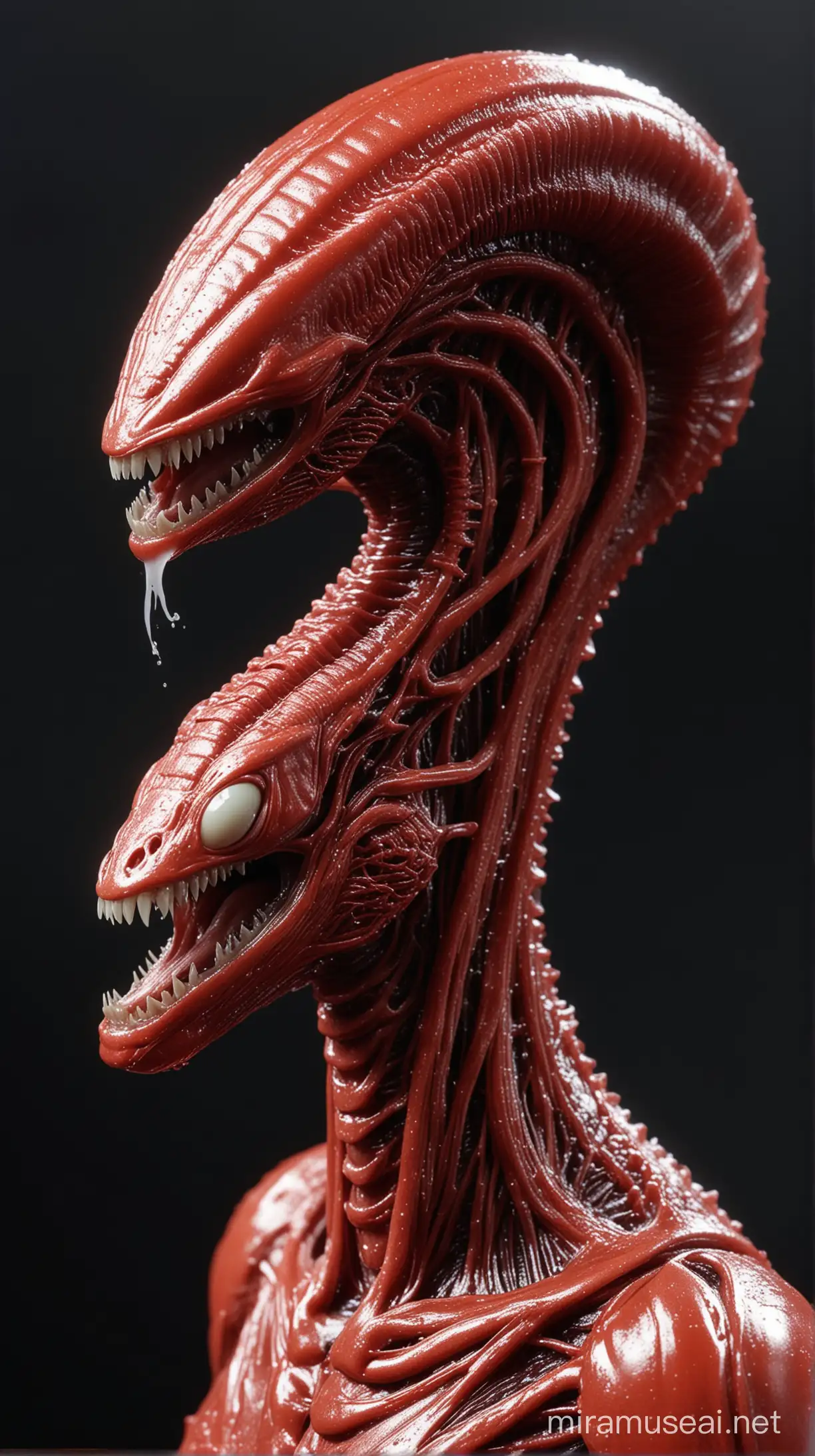 Hybrid slug without shell and xenomorph, very shiny body surface, like red soap. The hybrid slug has the head of a xenomorph, a long neck with protruding veins. Head very shiny, finely patterned in steampunk style, white teeth, flowing saliva, ukiyo-e, photo, cinematic