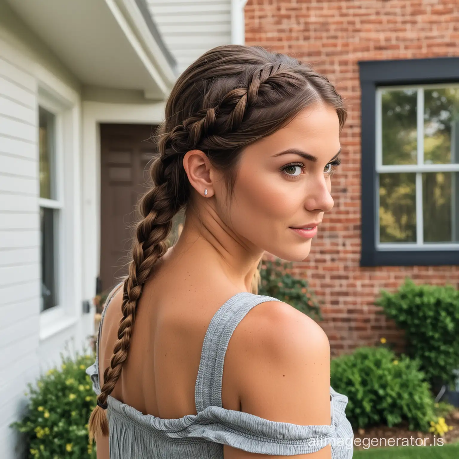 Pretty brunette braid standing in front of house