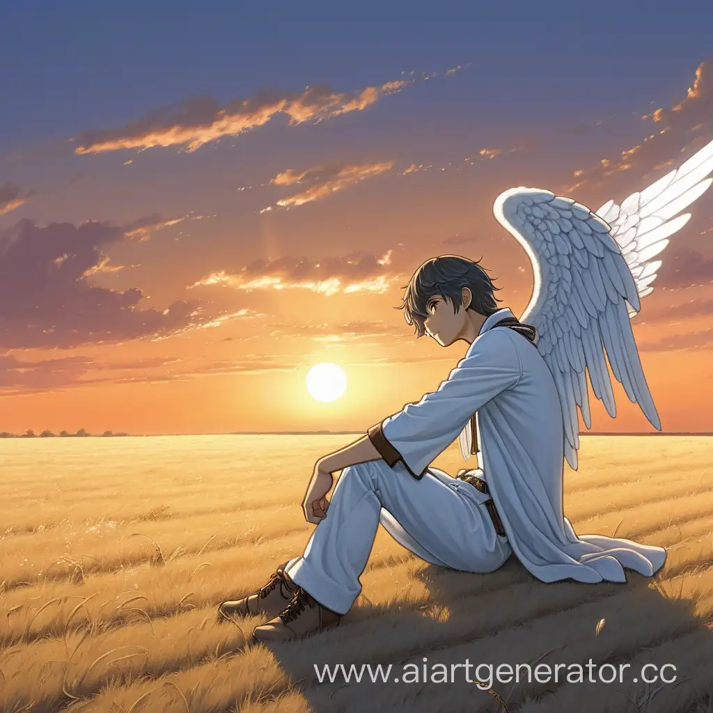 В стиле аниме падший ангел мужского пола сидит посреди поля и отчаянно смотрит на закат, пока его ангельская сущность пропадает 