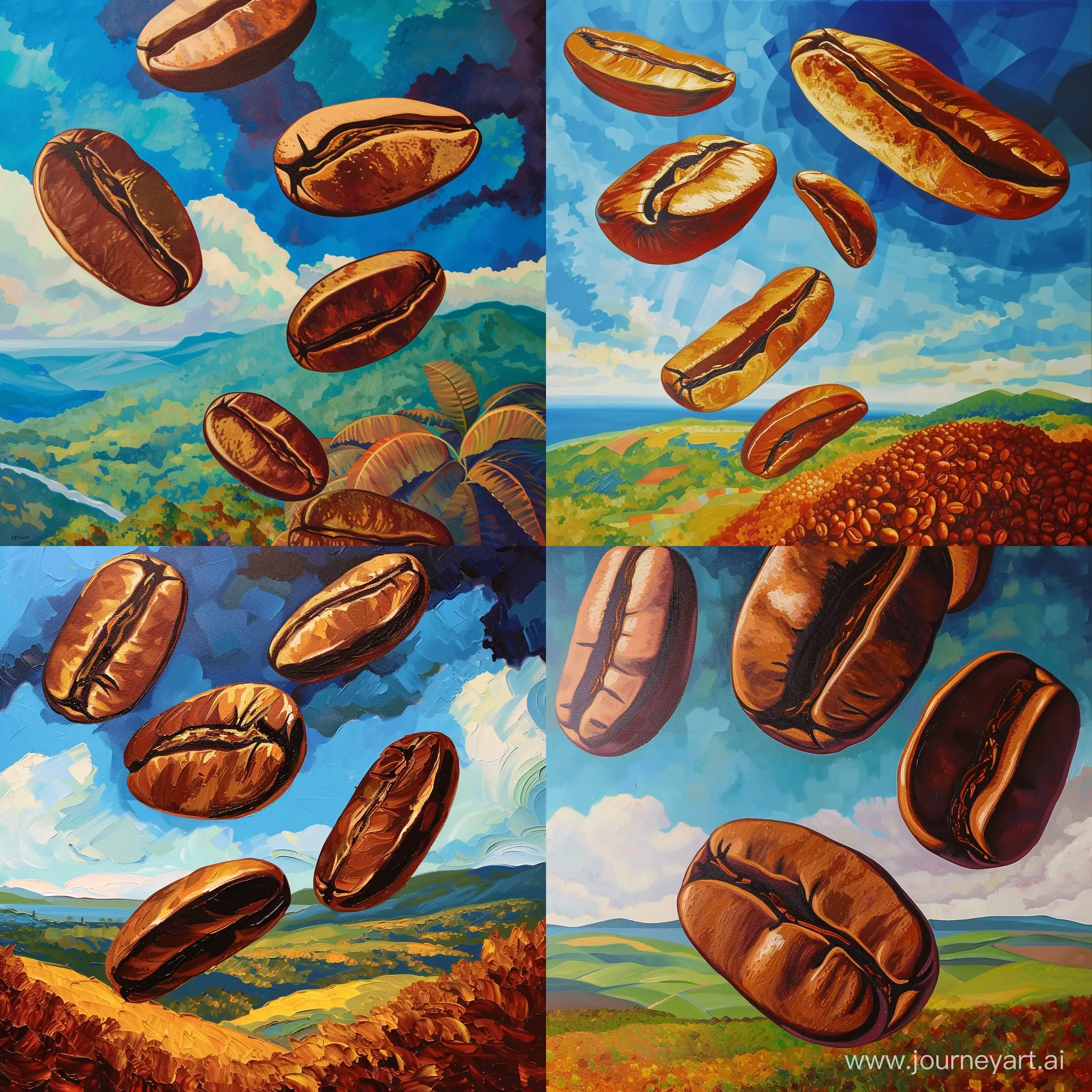 Vibrant-Kandinskyinspired-Art-Dynamic-Flight-of-Five-Coffee-Beans-Over-a-Luscious-Brazilian-Landscape