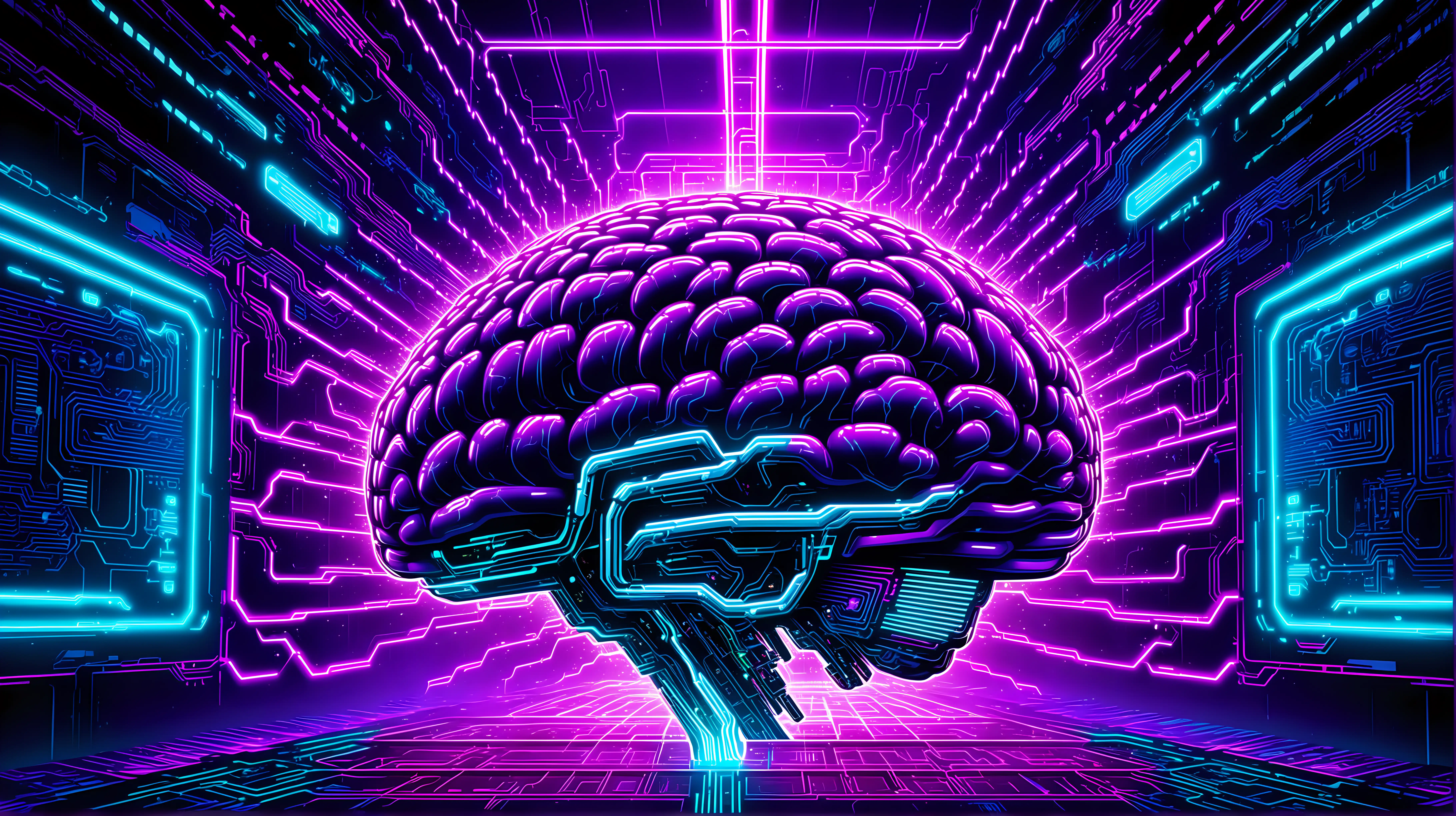 /imagine prompt: Futuristic AI brain, intricate neural structure, bioluminescent circuitry, pulsating neon lights, advanced tech design, cyberpunk aesthetic, vibrant electric blue, neon green, deep purple hues, glowing accents, dynamic lighting effects, digital artwork, high-tech concept, detailed and complex composition, high-resolution imagery.::3 --aspect 2:1 --quality 1