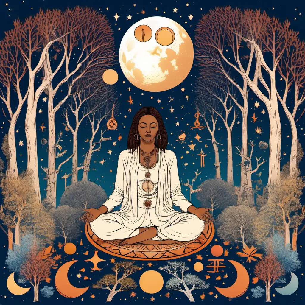 white background with a colorful drawing. soulful moment of woman sitting in a ritual space, surrounded by trees. large moon in the sky and spiritual symbols around her. She is in deep peace.