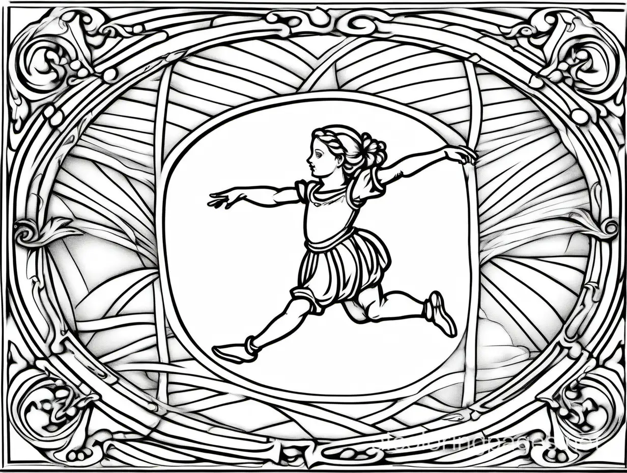 renaissance acrobat girl in the air low angle, Coloring Page, black and white, line art, white background, Simplicity, Ample White Space. The background of the coloring page is plain white to make it easy for young children to color within the lines. The outlines of all the subjects are easy to distinguish, making it simple for kids to color without too much difficulty