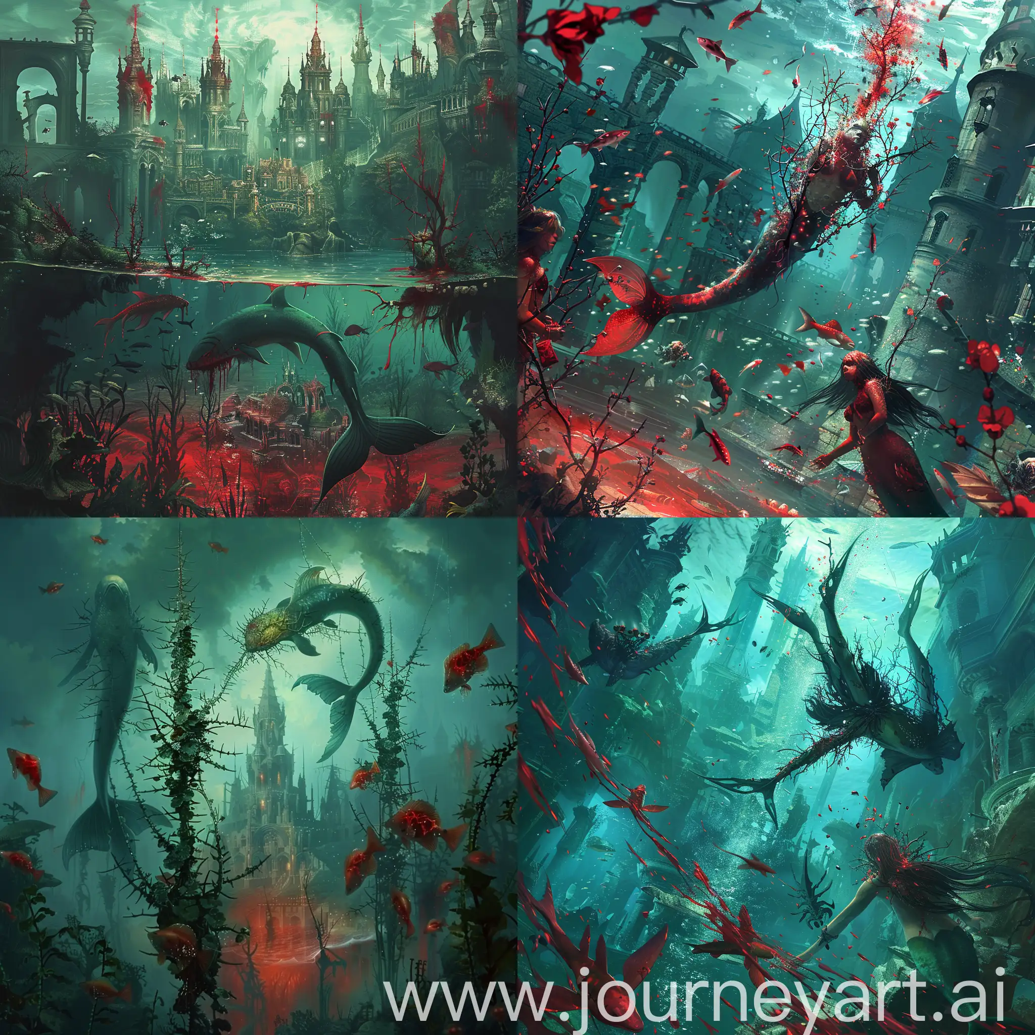 Underwater-City-in-Peril-Mermaids-and-Fish-Amidst-Thorny-Chaos