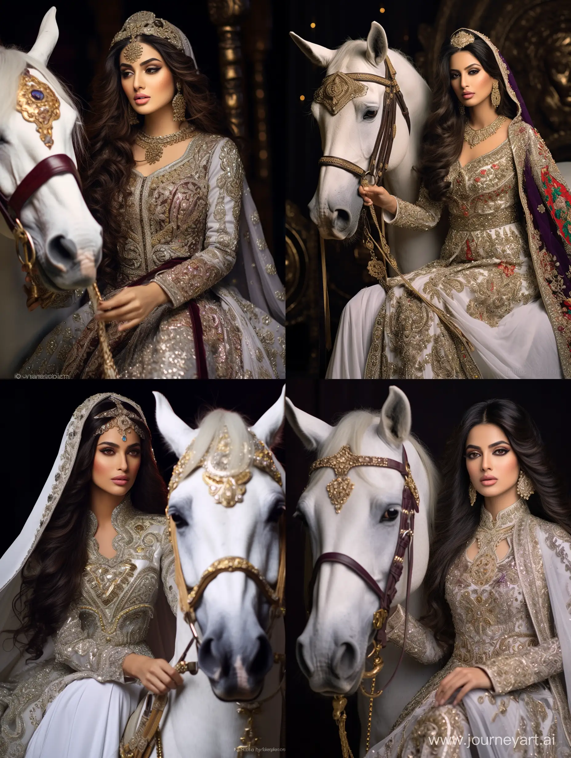 a milky white skin muslim Persian bride with long dark brown straight hairs, wearing a luxurious islamic bridal suit in mild purple, with white veil, + embroidered. bride adorned by gold jewelries, and a dazzling royal platinum crown with emeralds & diamonds she's standing next to a big muscular white horse and holding luxorious gold reign, horse heavily adorned by golds jewelries with emeralds. depth, vibrant, moon on the sky, High dfinition, energy  