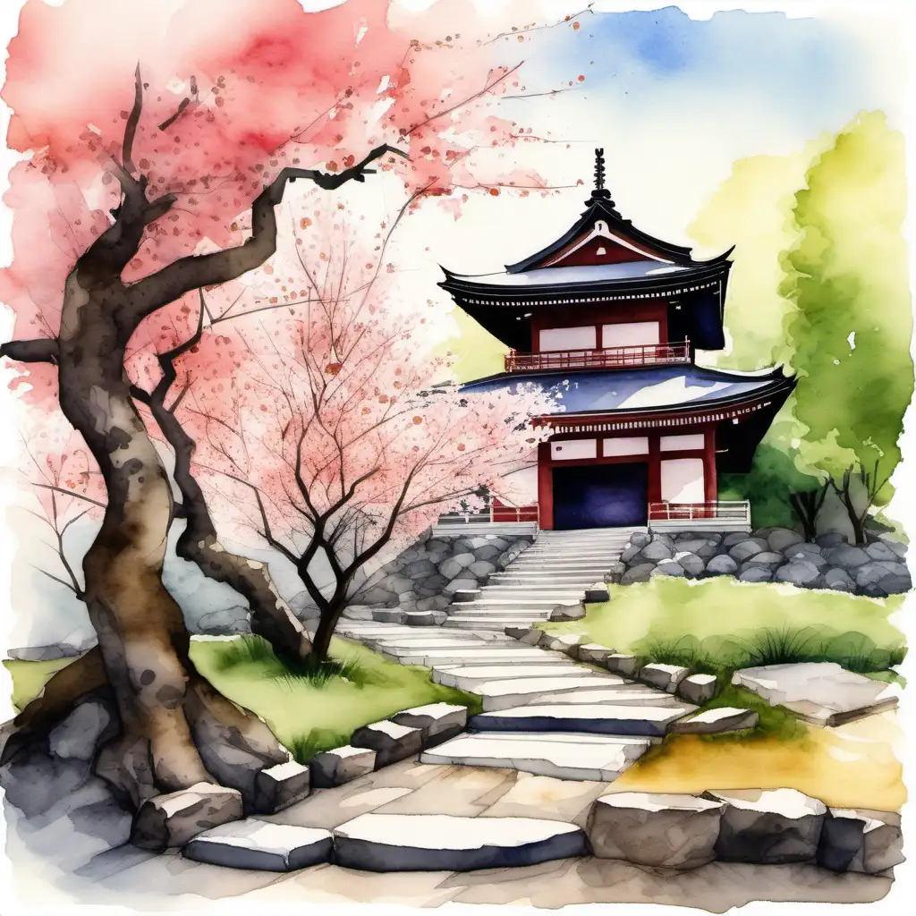 Japanese Temple Landscape with Cherry Blossom and Stone Pathways Tranquil Watercolor Art