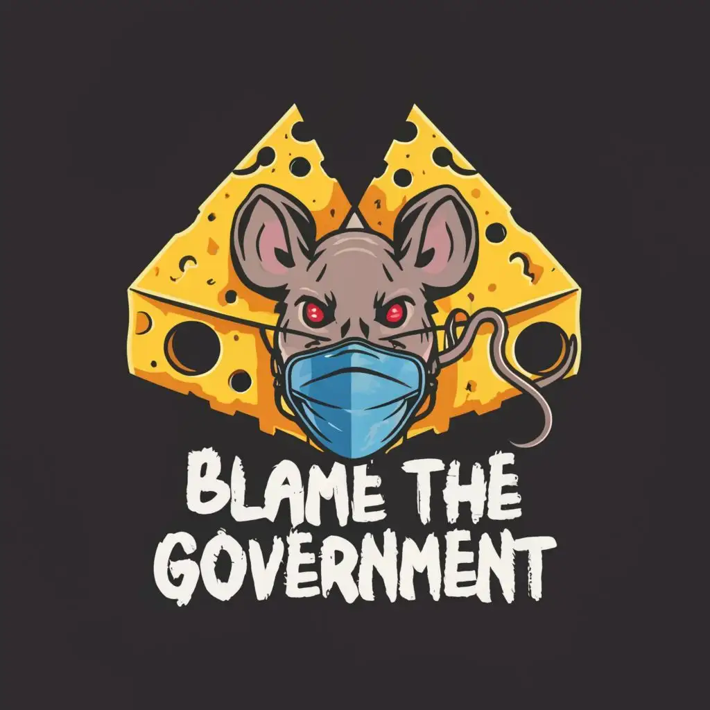 logo, CHEESE WITH RAT WITH GAS MASK, with the text "blame the government", typography, be used in Entertainment industry