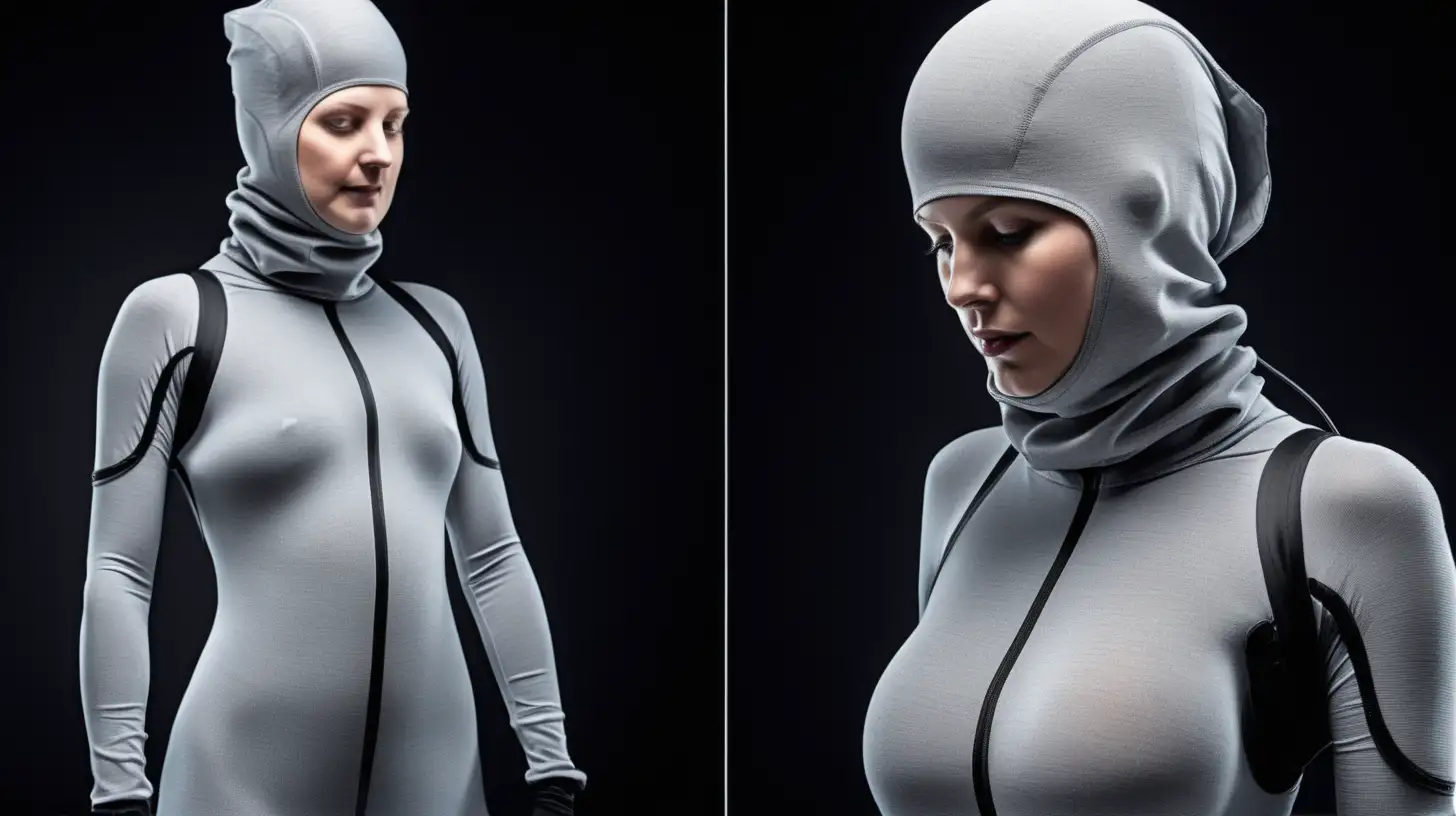 a full tight fitting body suit and head-covering hood stitched with smart fabric and electrodes including gloves with miniature armiture and seamless booties 