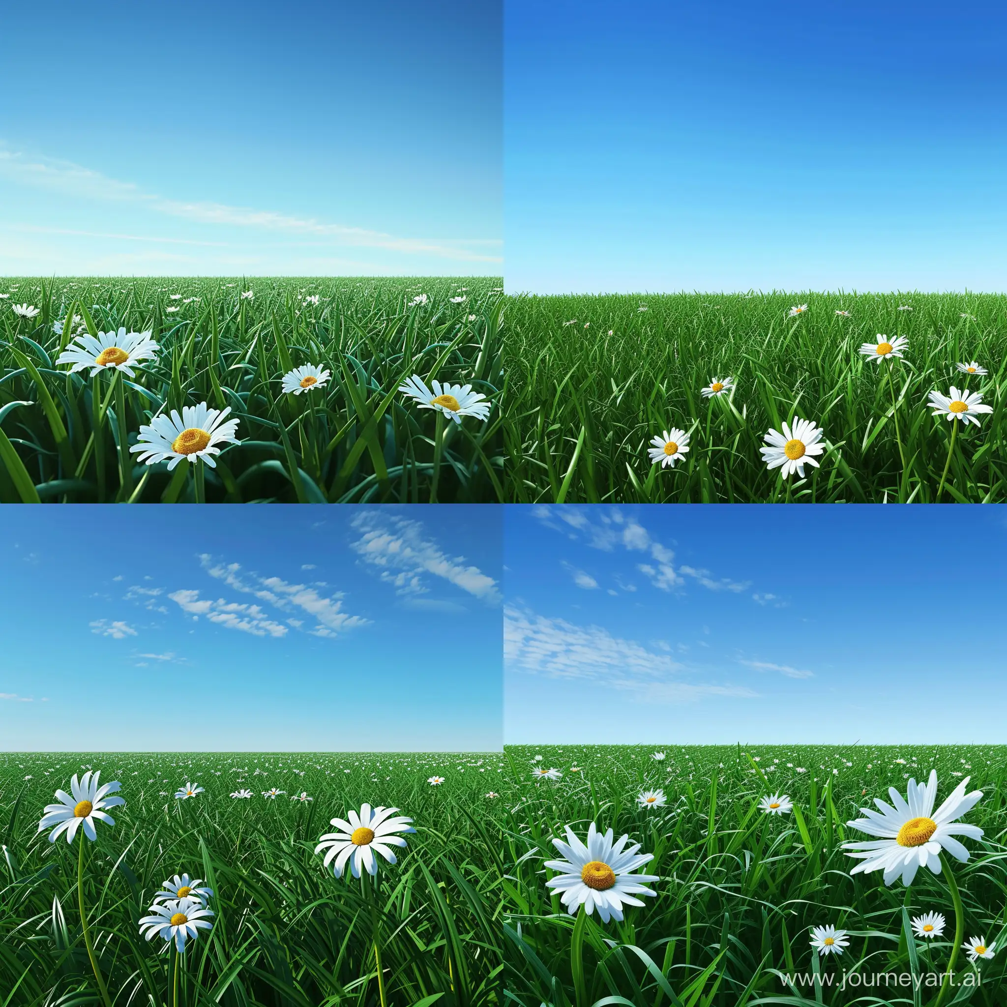 Generate a realistic image of a field of green grass under a clear blue sky, with white daisies scattered throughout the field. The perspective should be low, close to the ground, focusing on some daisies while showing the expanse of the field and sky in the background