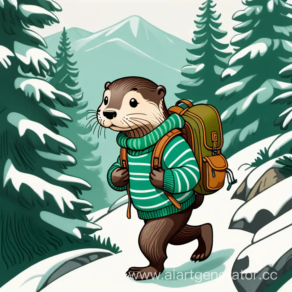 Милый выдр идёт по зимнему хвойному лесу в горах с большим рюкзаком за плечами. Рюкзак в ретро стиле, выдр одет в полосатый свитер зелёного цвета и тёмные брюки. На ногах у выдра старые туристические ботинки