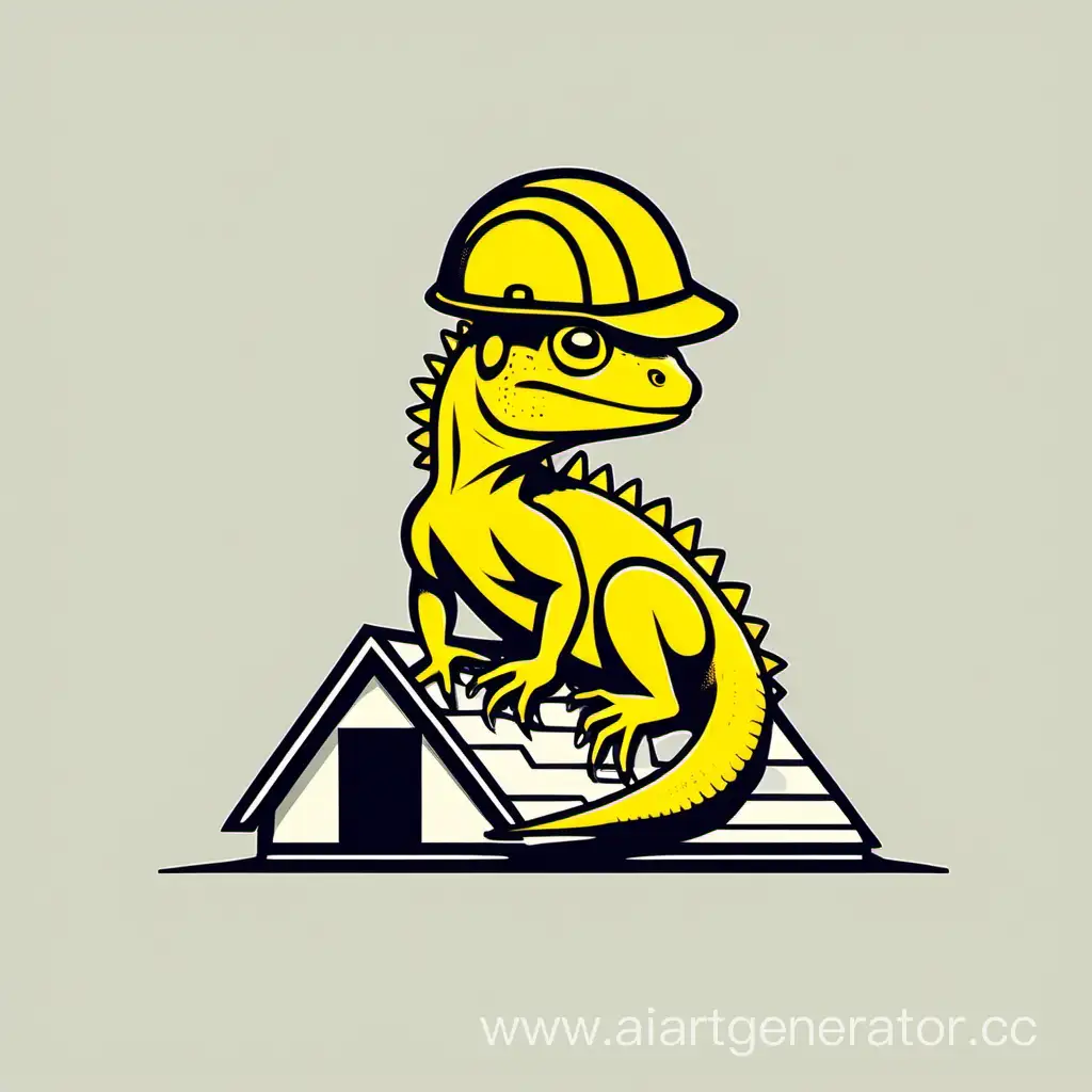 жёлтая ящерица с строительным шлемом  сидит на крыше домика. минимализм логотип. никаких углов