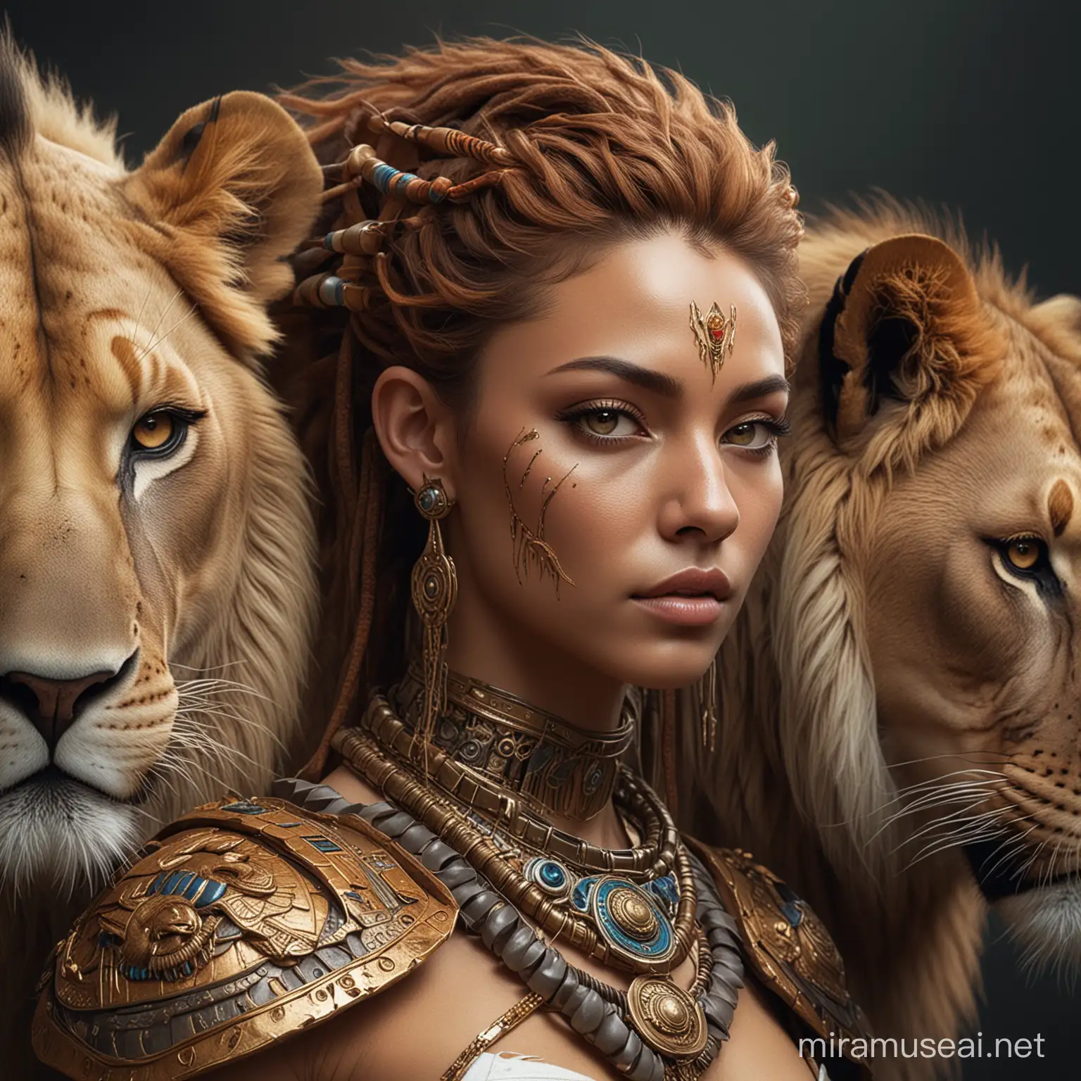 create a Digital 2D Fantasy,  Portraits of an lioness emperors, hybrid between woman an lion,  human and animal hybrid, science fiction, empress, goddess, tribal
woman , tribal fantasy, cyberpunk
