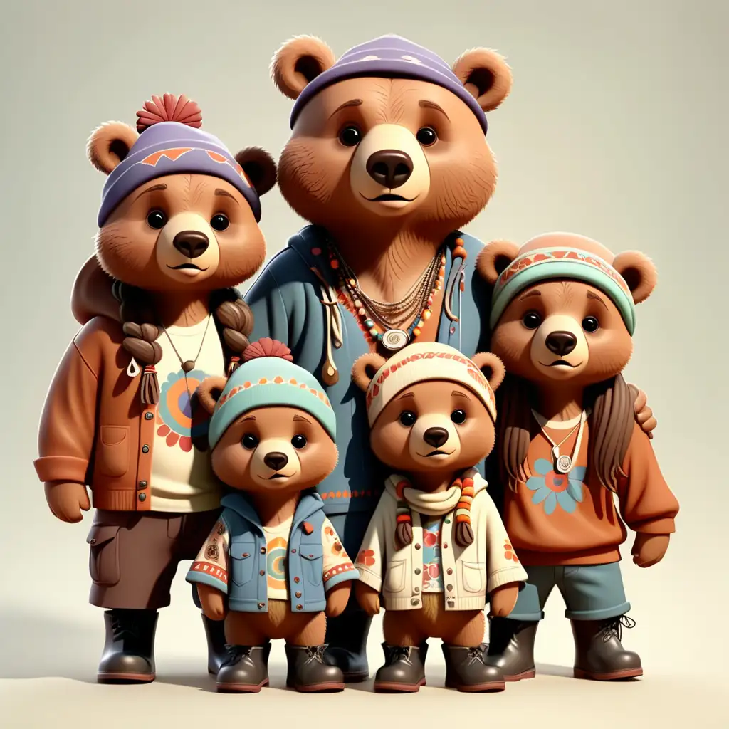 family of cute bears in cartoon style with hippie clothes with boots with clear background
