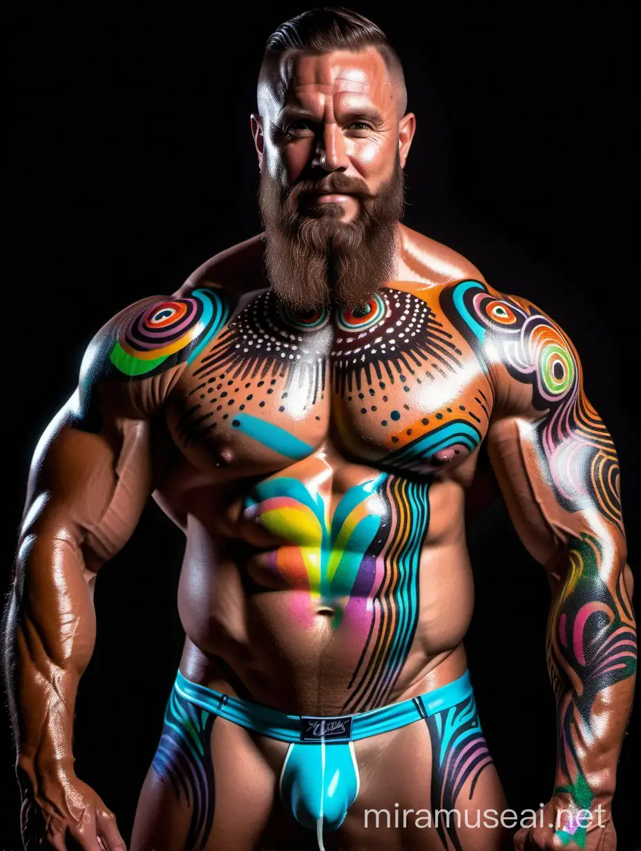 Muscular 40s Bodybuilder Covered in GlowintheDark Paint Pouring with Aboriginal Art Pattern Flexing Arm
