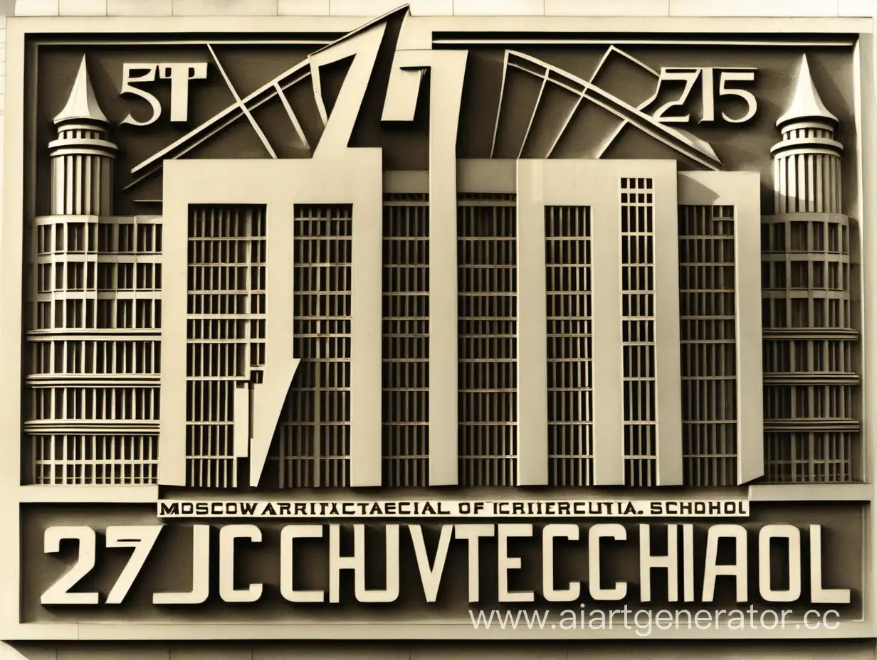 Эмблема, посвящена юбилею 275 лет московской архитектурной школе прямоугольной формы, надпись крупная поверх здания, в стиле конструктивизма 

