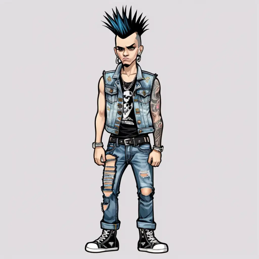 Punk Rock Male, With a Mohawk, Jean Vest and cut up jeans, full body, front view, plain background 