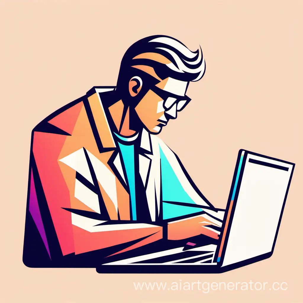vector image, man working to laptop, use colors: #fb8500,#023047,#8ecae6,#219ebc,#ffb703. Minimalism style only main components