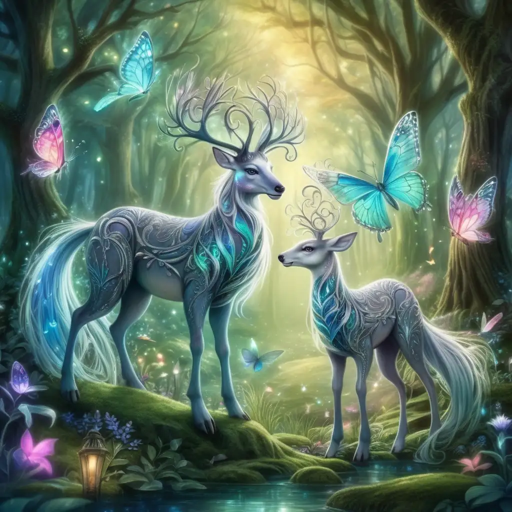 beautiful magical creatures that live in a magical enchanted forest, never seen before, original designs