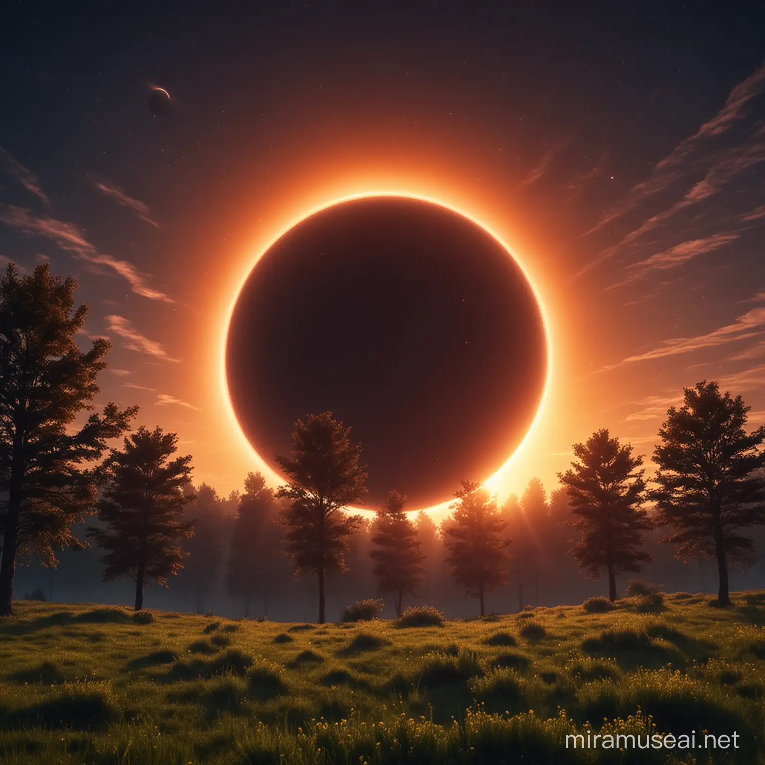 beauttiful nature scene with solar eclipse 