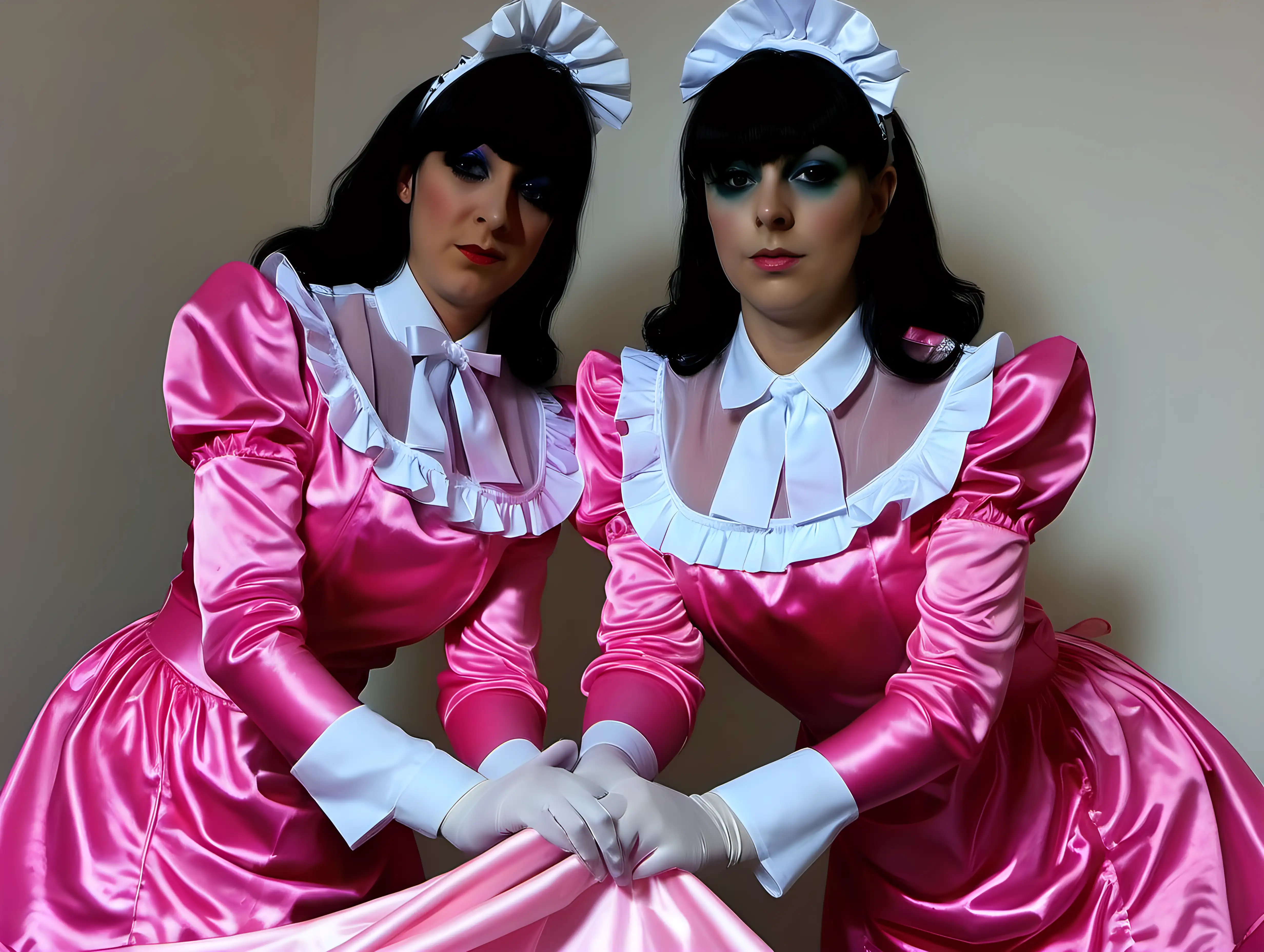 two sissy maid in satin long uniforms clean