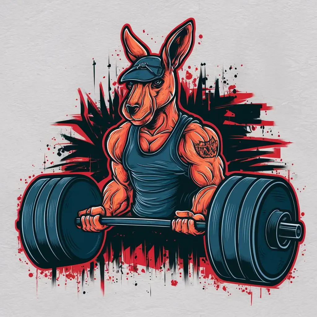 Vectorised Graphic T-Shirt Design. 

Graffiti Style Portrait of a Muscular Gangster Kangaroo doing bicep curls with a barbell in the gym. Sticker.

Style: Graffiti.
Mood: TrashCore, Street Art, Gangster.
Solid White Background.
