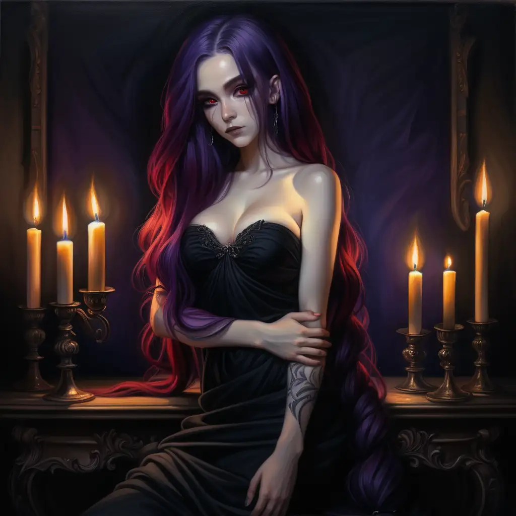 woman wearing a strapless black top + eye contact + full body pose arms crossed on her chest + long purple hair and red eyes + candlelight and intimate setting + oil painting style + lots of detail + very detailed shadows