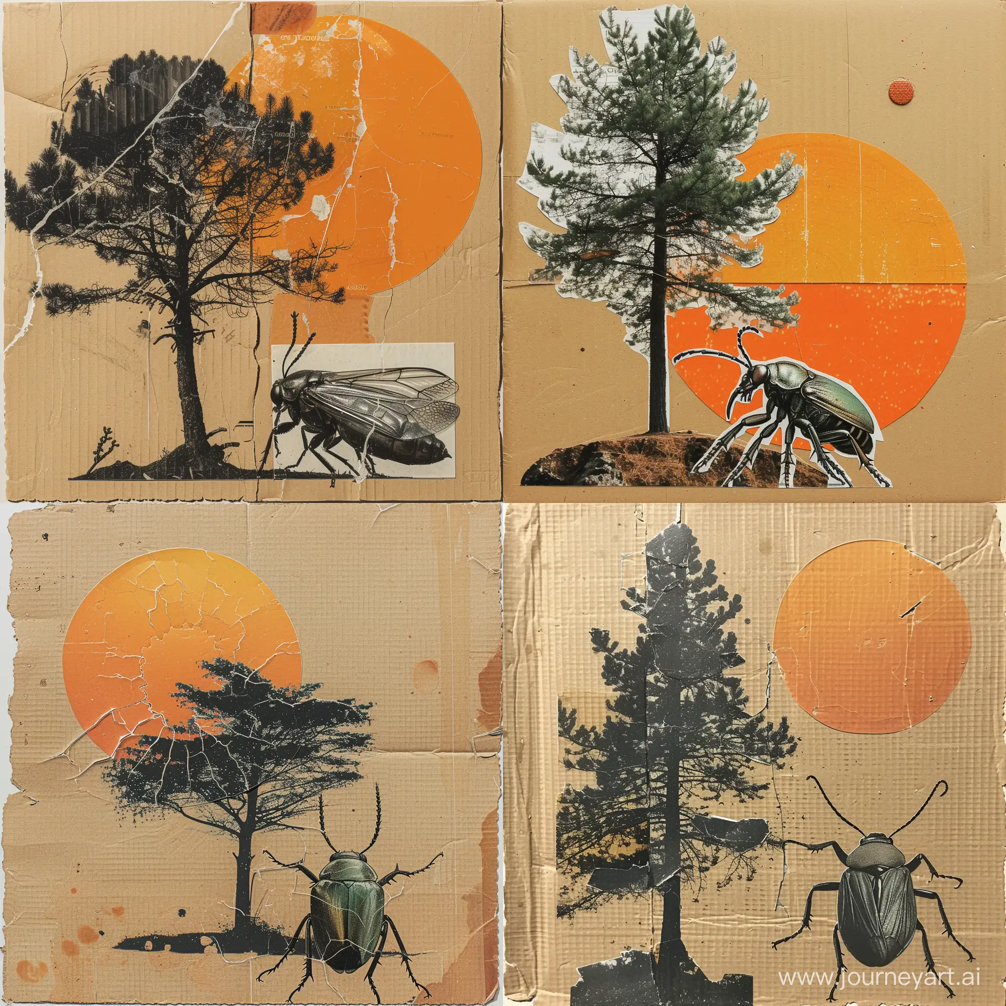 Make a small and minimal collage. Similar to analog collages. It consists of a tree, the sun and a very large insect, which is used from the photos of scientific and entomological magazines. The output should be presented on a cardboard page.